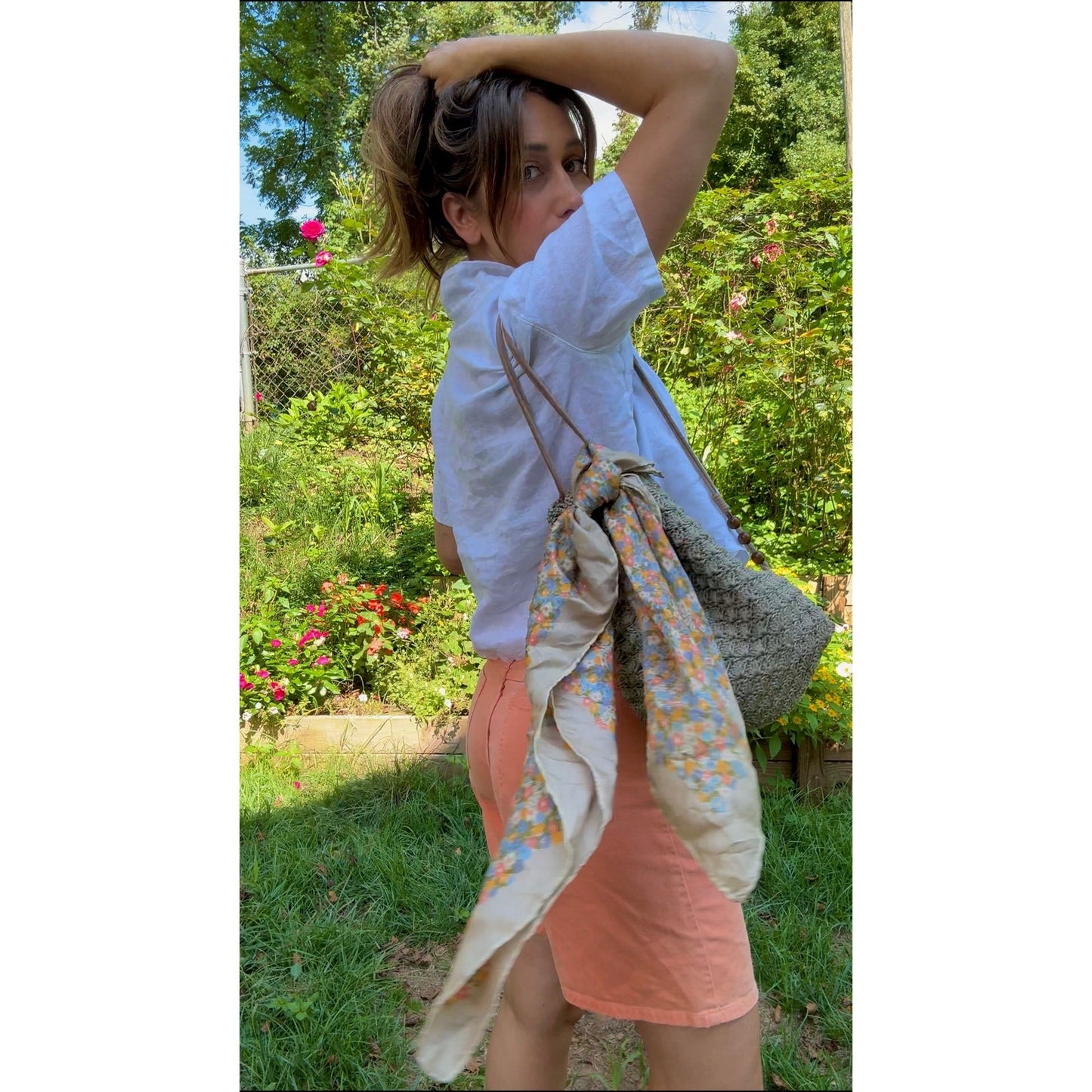 Neutral Crochet Drawstring Shoulder Bag with Wood Beads