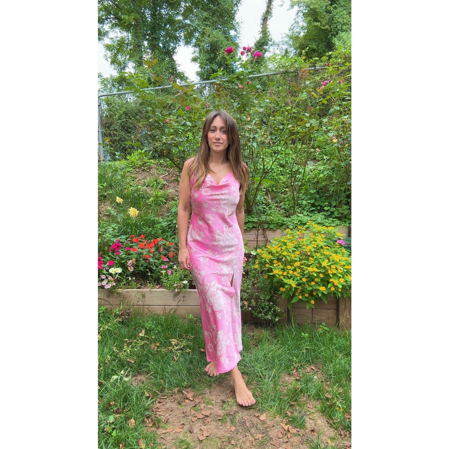 Pink Floral Slip Dress with Side Slit – Satin Look