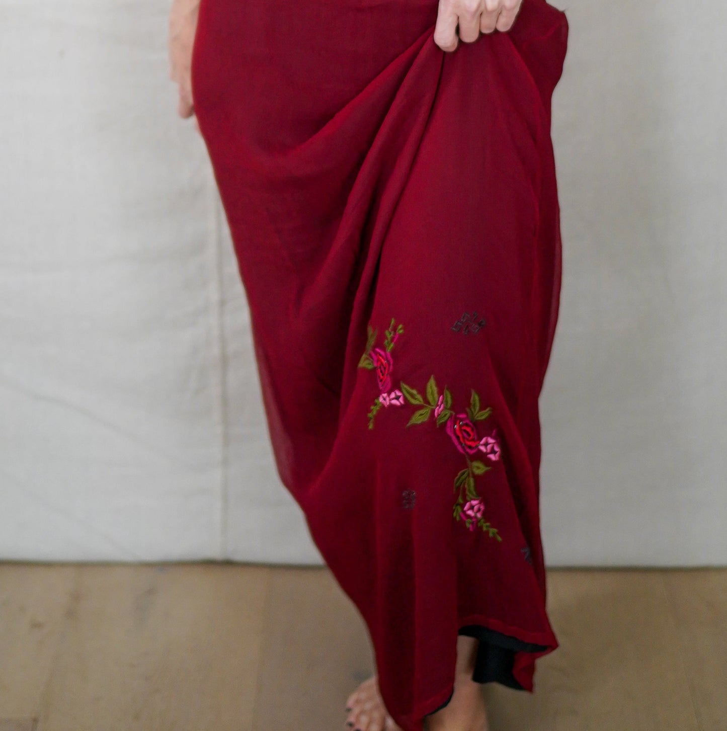 Vintage Carole Little Silk Rose Embroidered Maxi Skirt