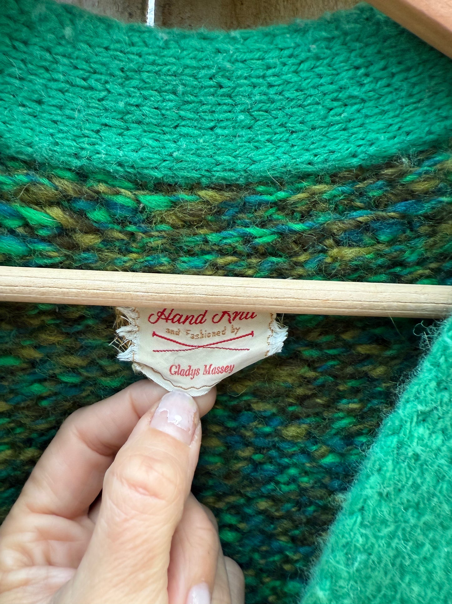 Vintage Hand-Knit Green Wool Cardigan by Gladys Massey