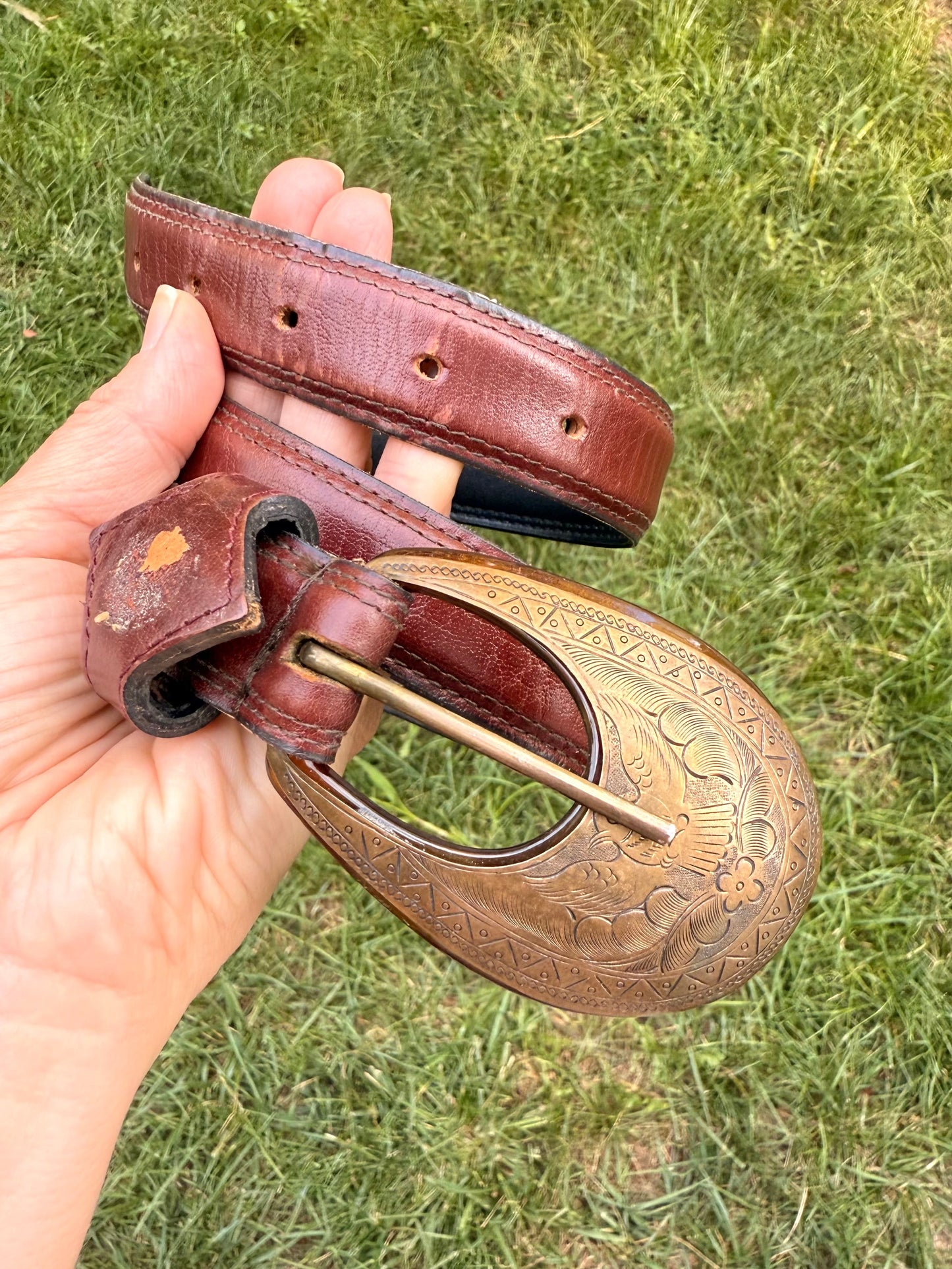 Vintage Western Brass & Tortoise Shell Buckle Belt