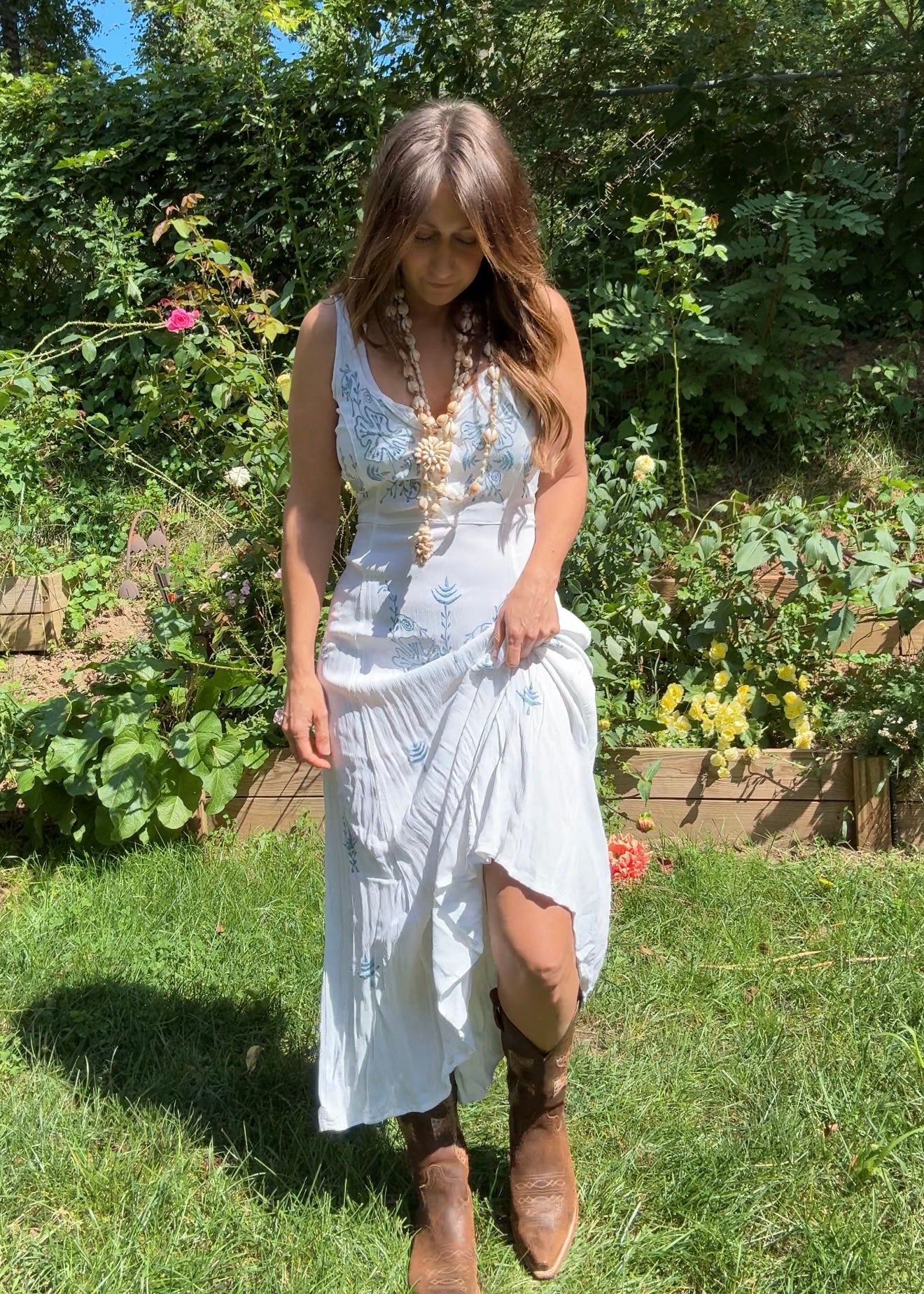 Y2K Coastal Cowboy White Embroidered Maxi Dress