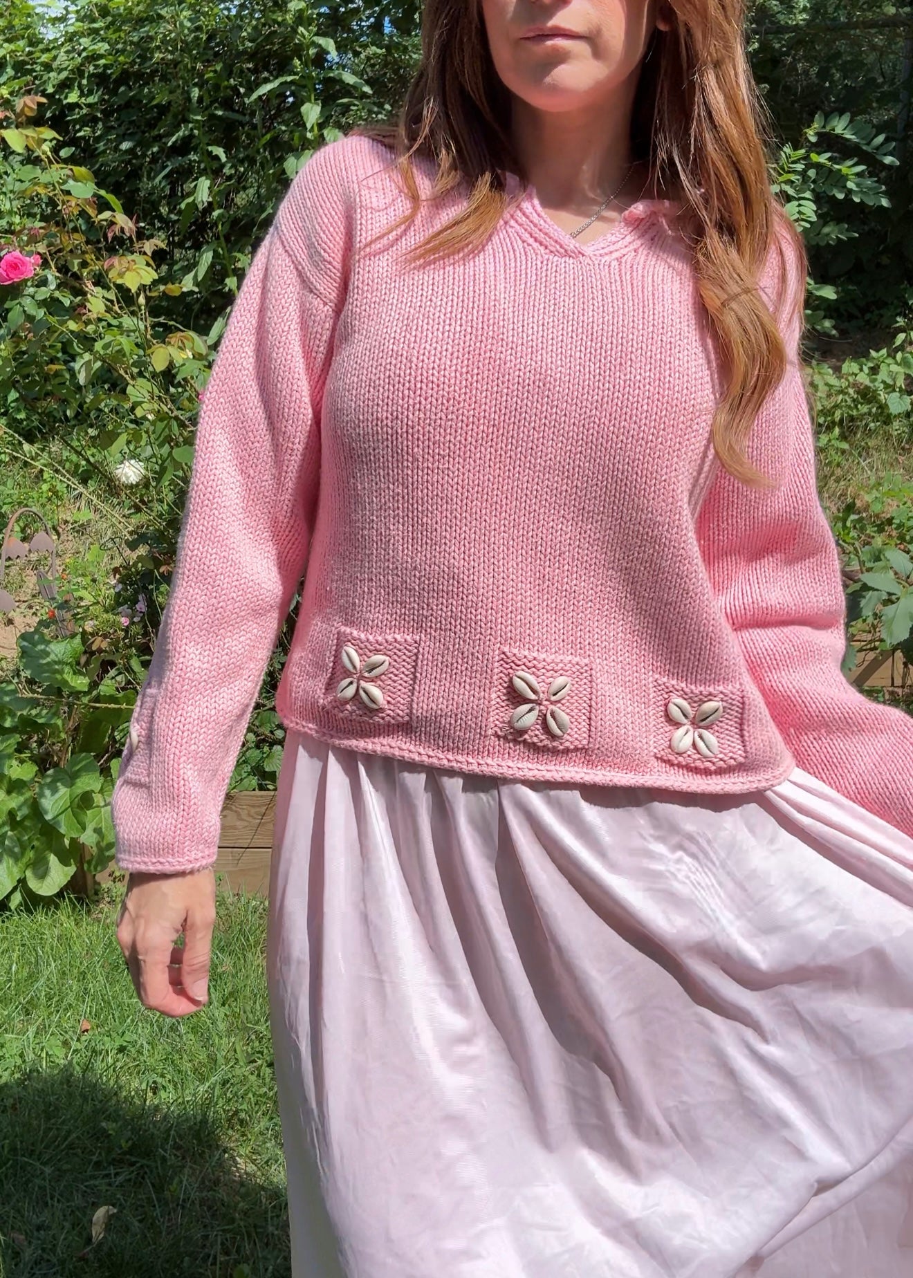 Cowrie Shell Knit Sweater — Bubblegum Pink 90s Surf / Coastal Cowboy