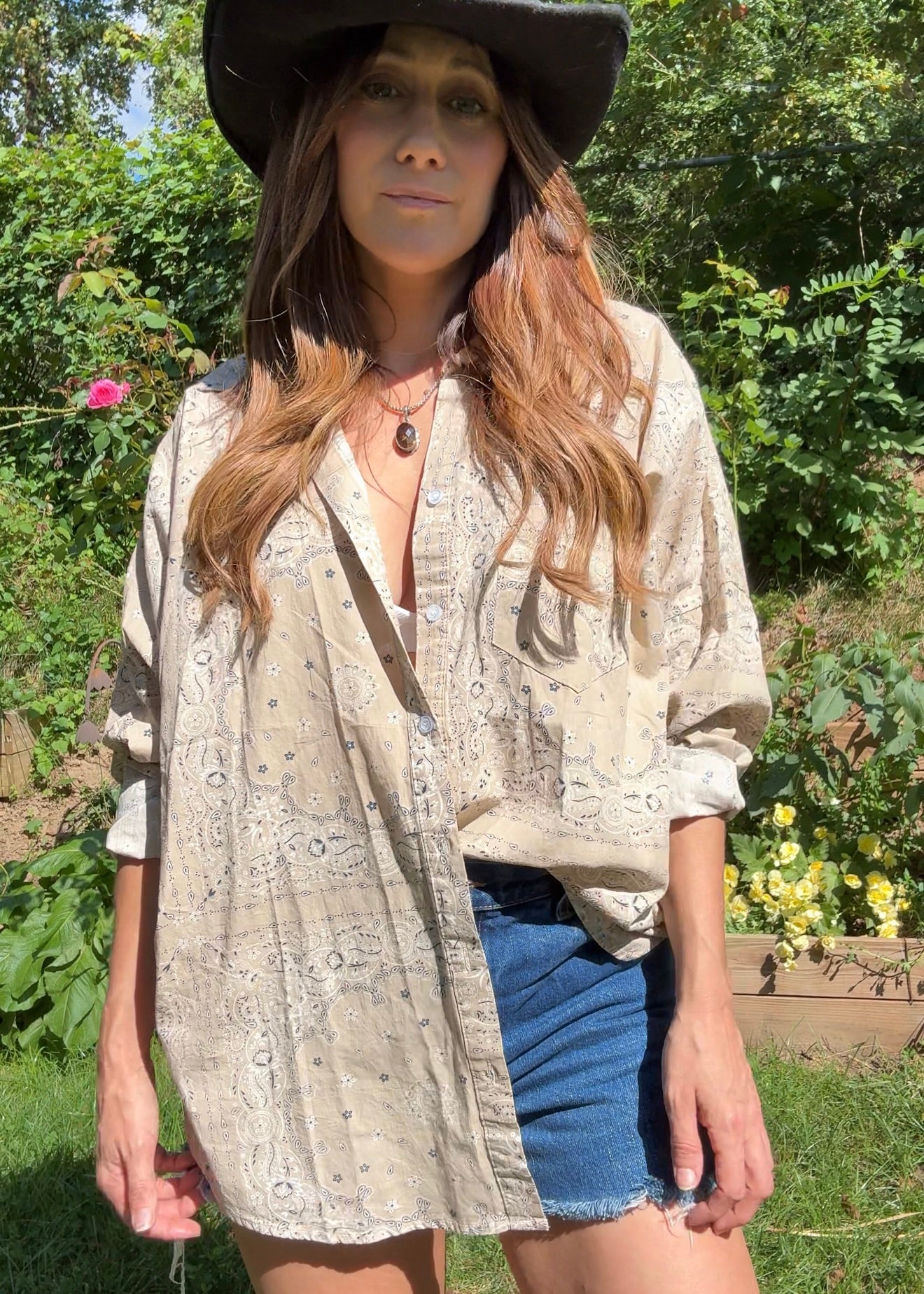 Bandana Print Button-Down Shirt — Taupe / Western Luxe