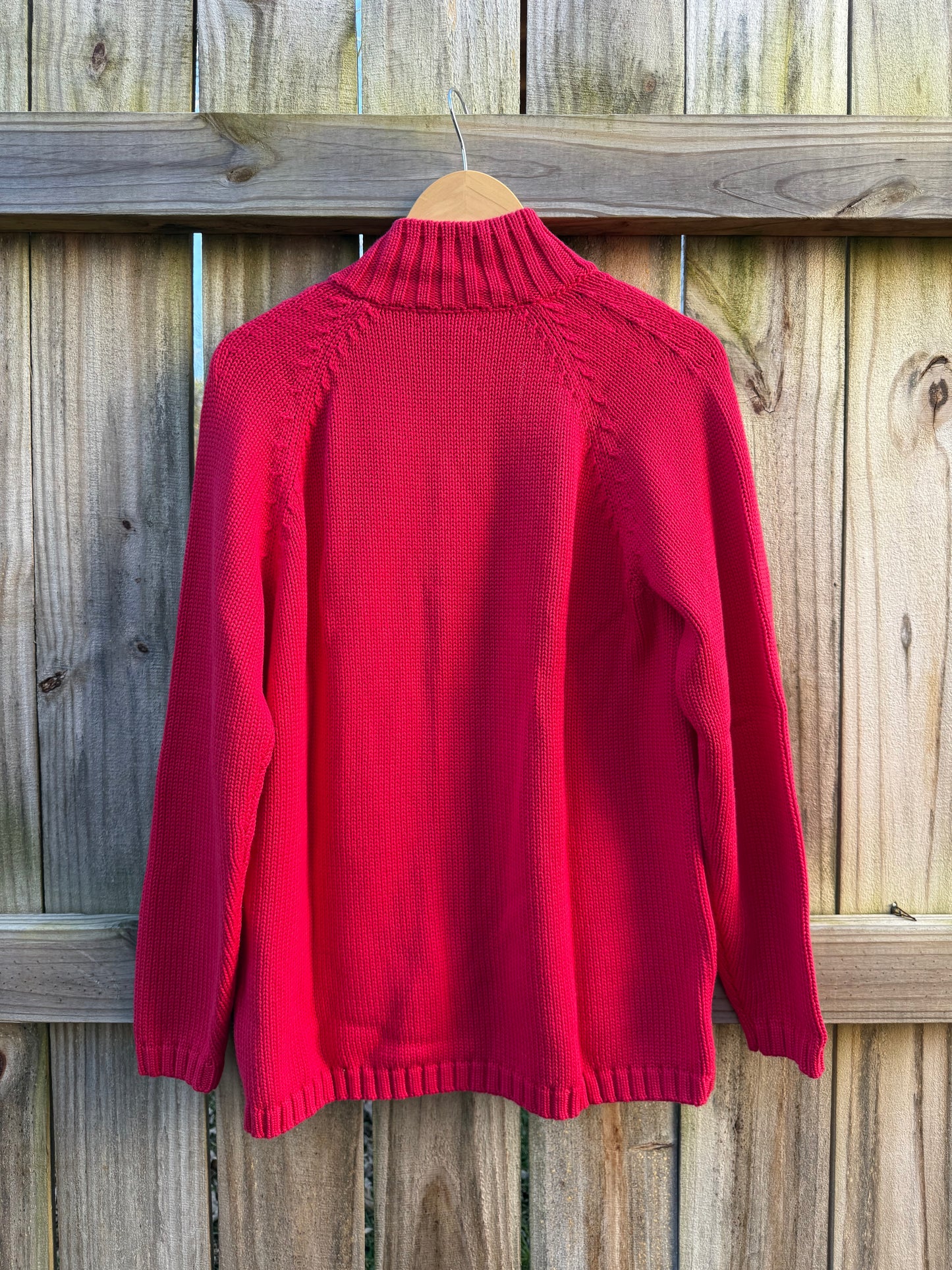 Lands’ End Red Full-Zip Ribbed Knit Jacket Cotton Holiday Sweater