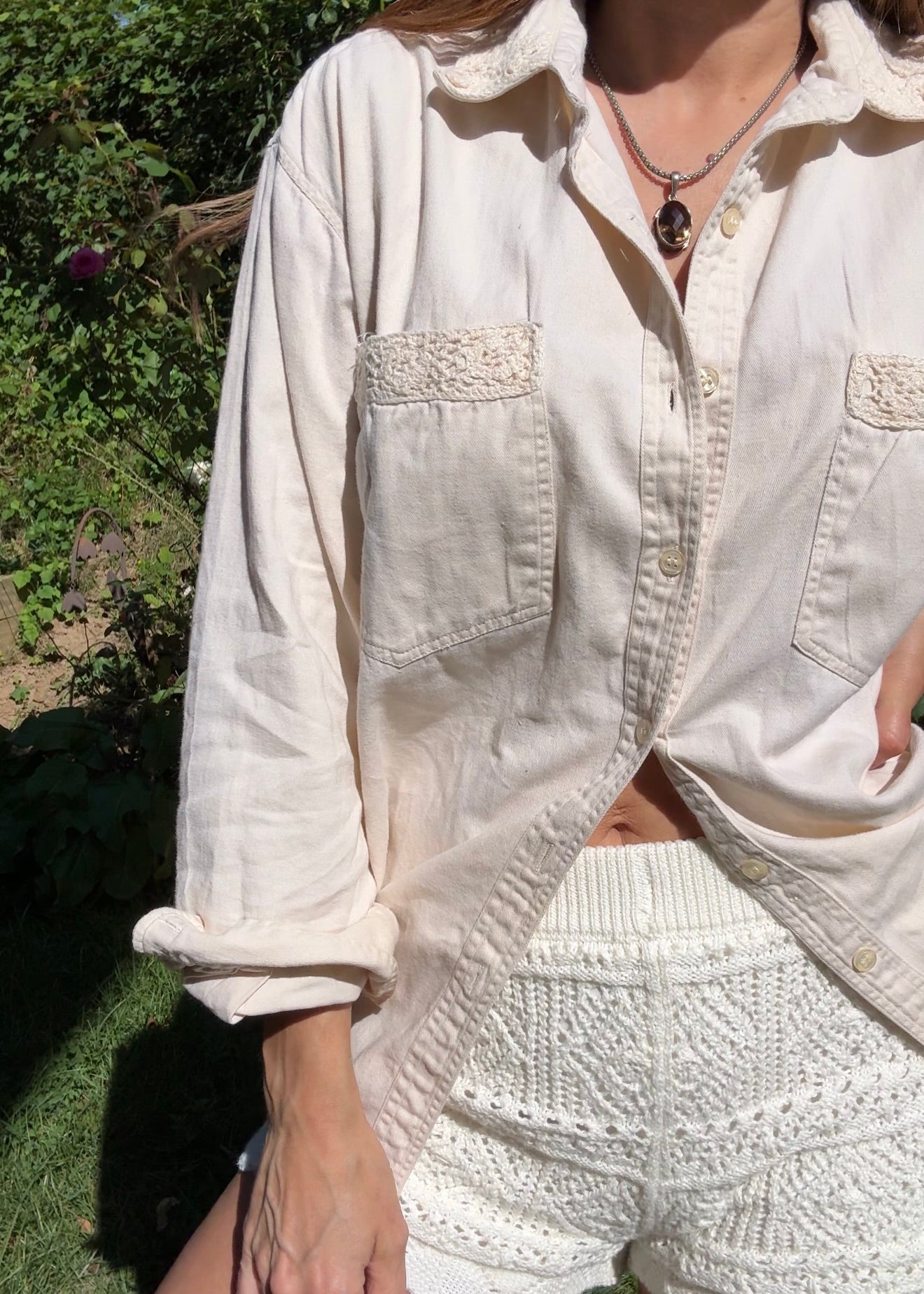 Cream Crochet-Trim Button-Down / Coastal Cowboy Romance