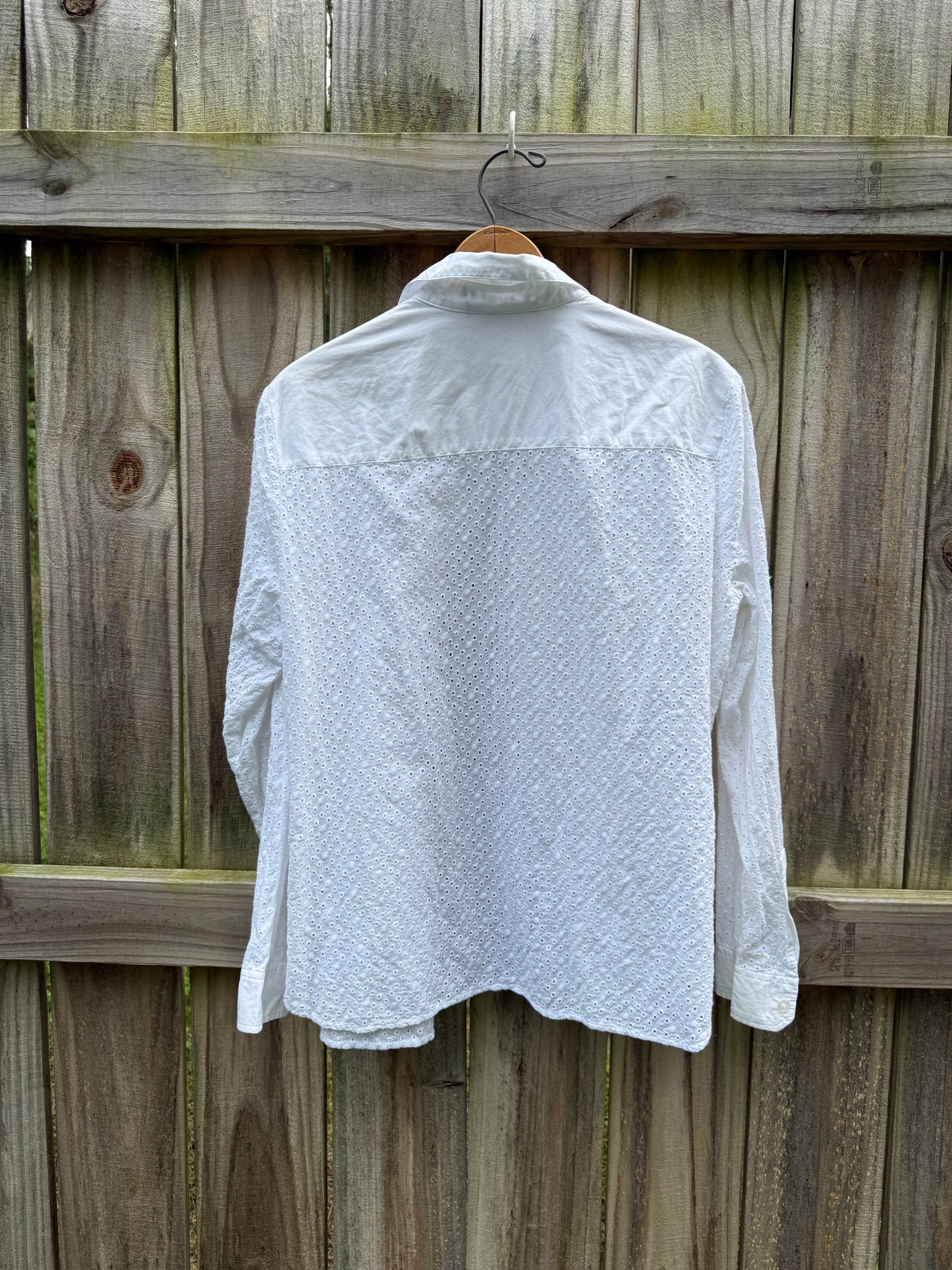 Jones New York Eyelet Button Down Shirt | White Eyelet Cotton Blouse | Embroidered Summer Shirt