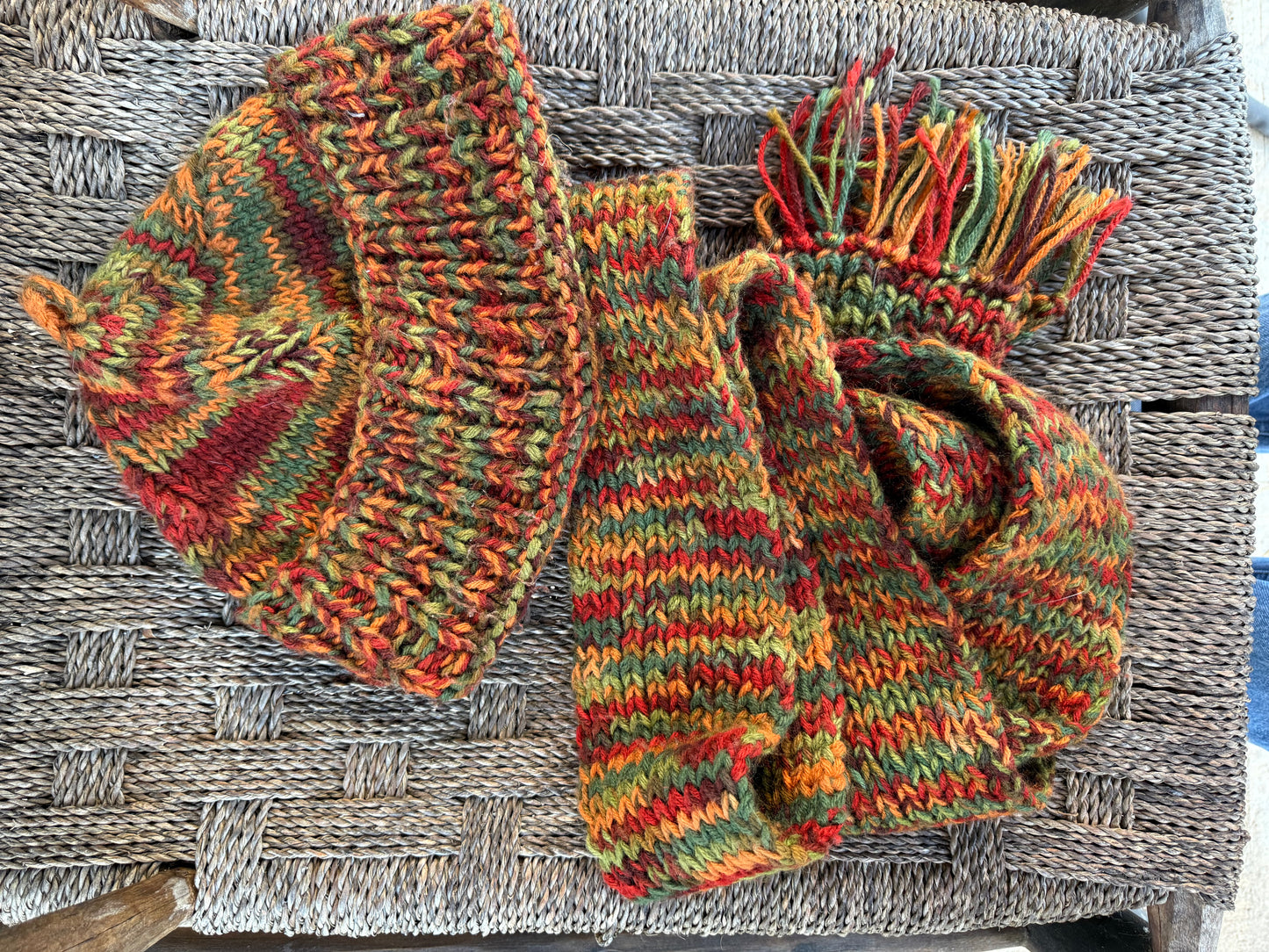 Vintage Handmade Knit Hat + Scarf Set – Autumn Multi