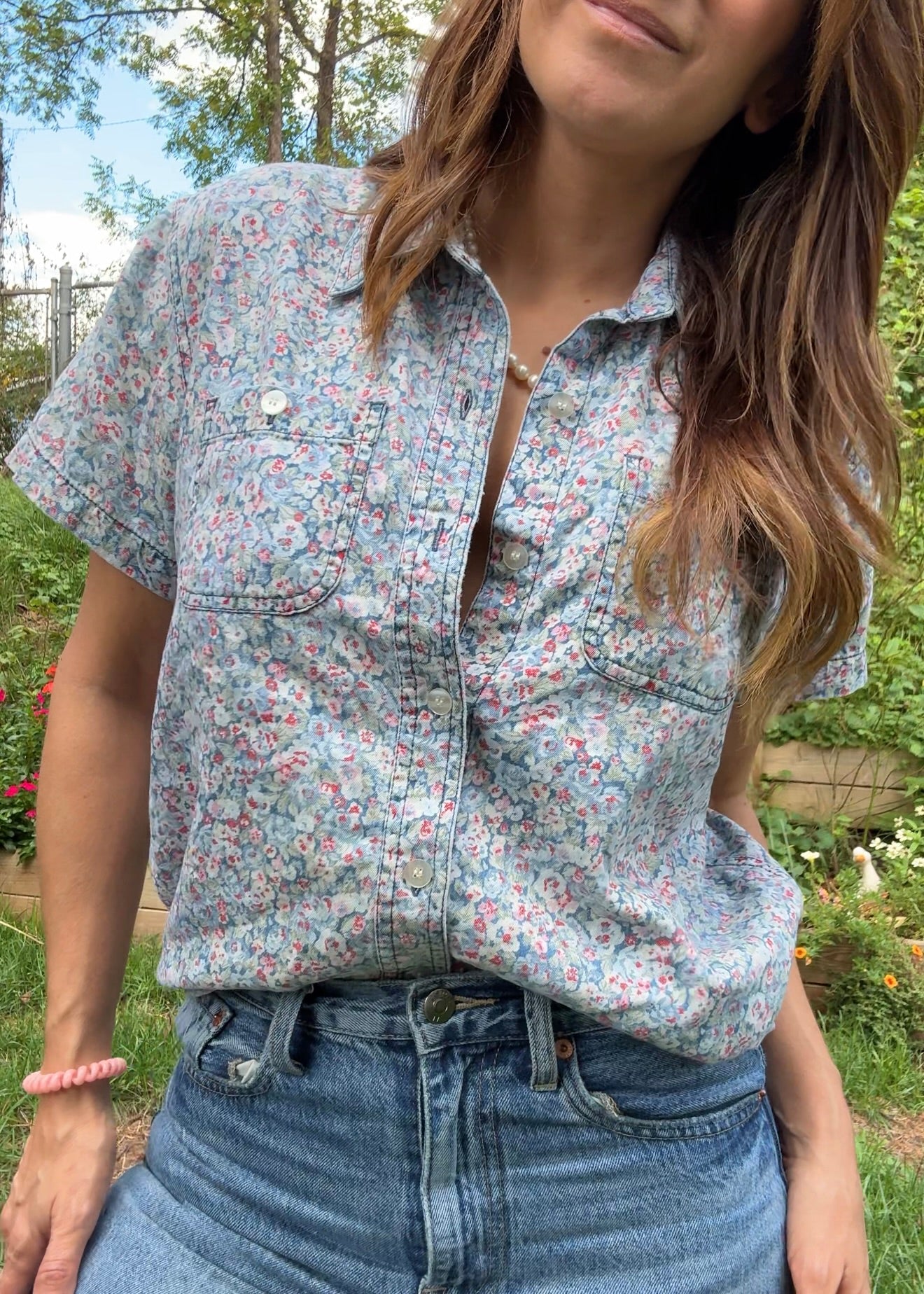 Vintage Liz Claiborne Blue Floral Button-Down Shirt, 90s Petite Fit
