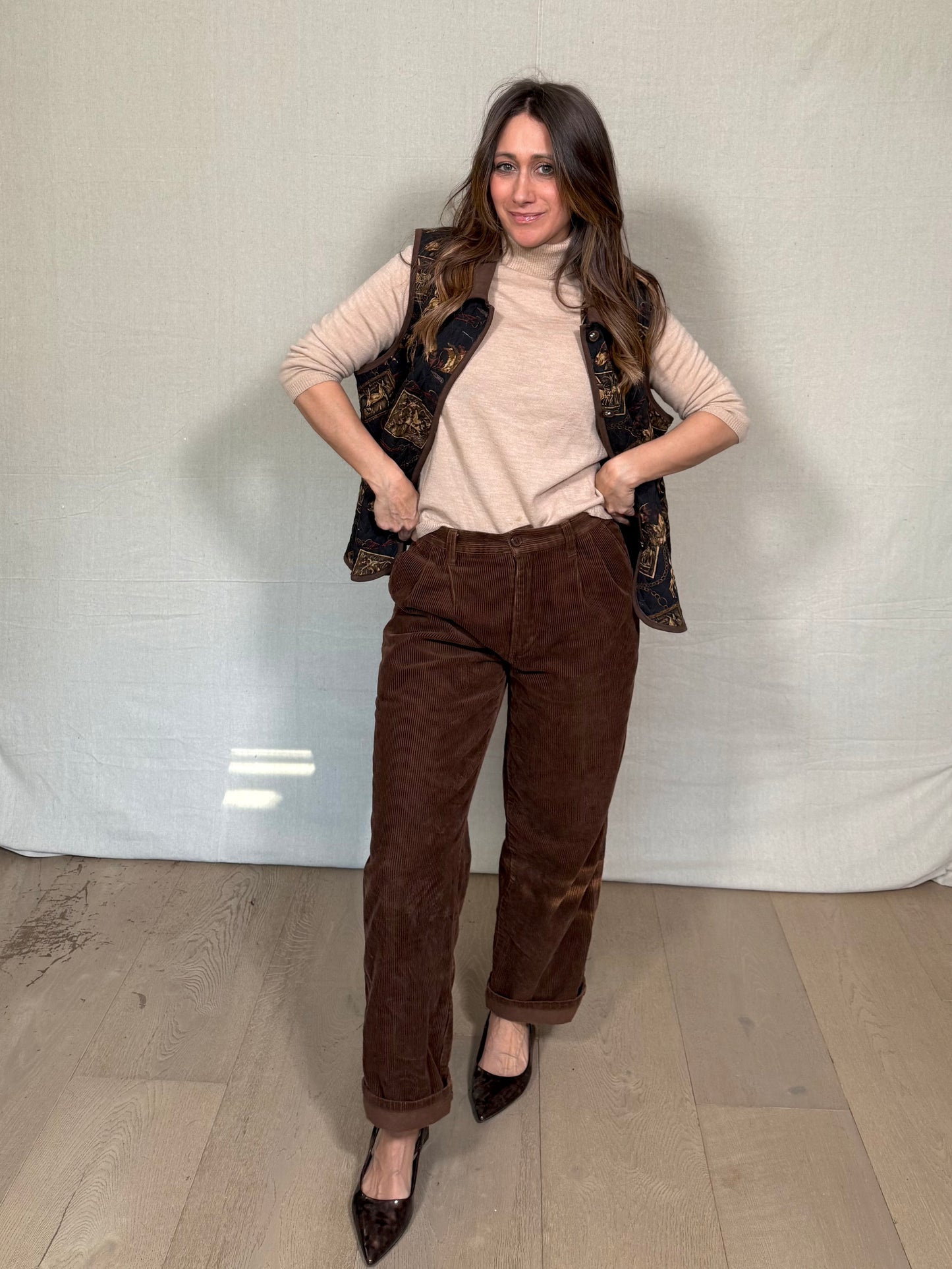 Vintage Quilted Equestrian Print Vest – Dark Brown / Black (Miu Miu-Coded)