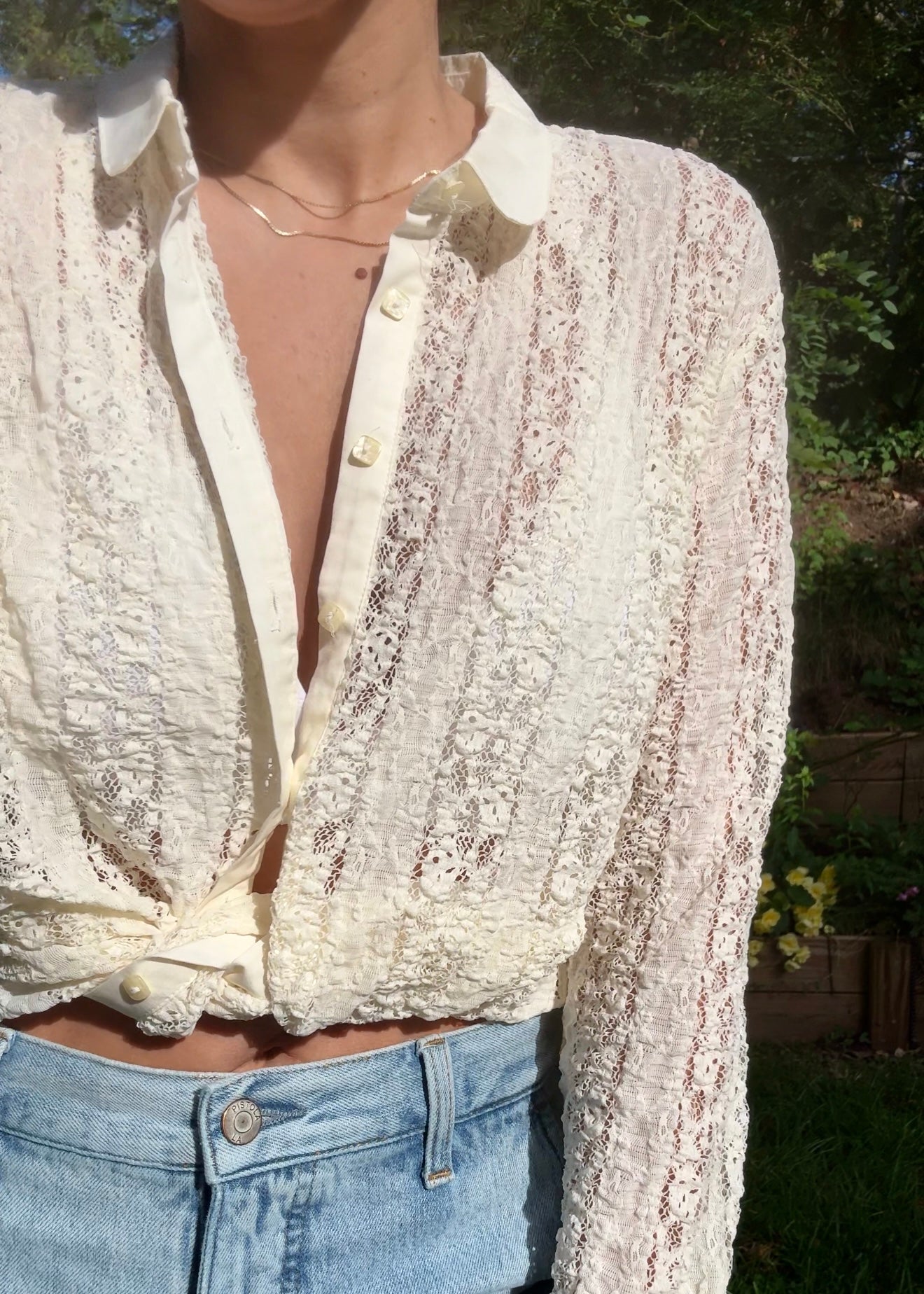 Y2K Sheer Ivory Lace Button-Up Blouse