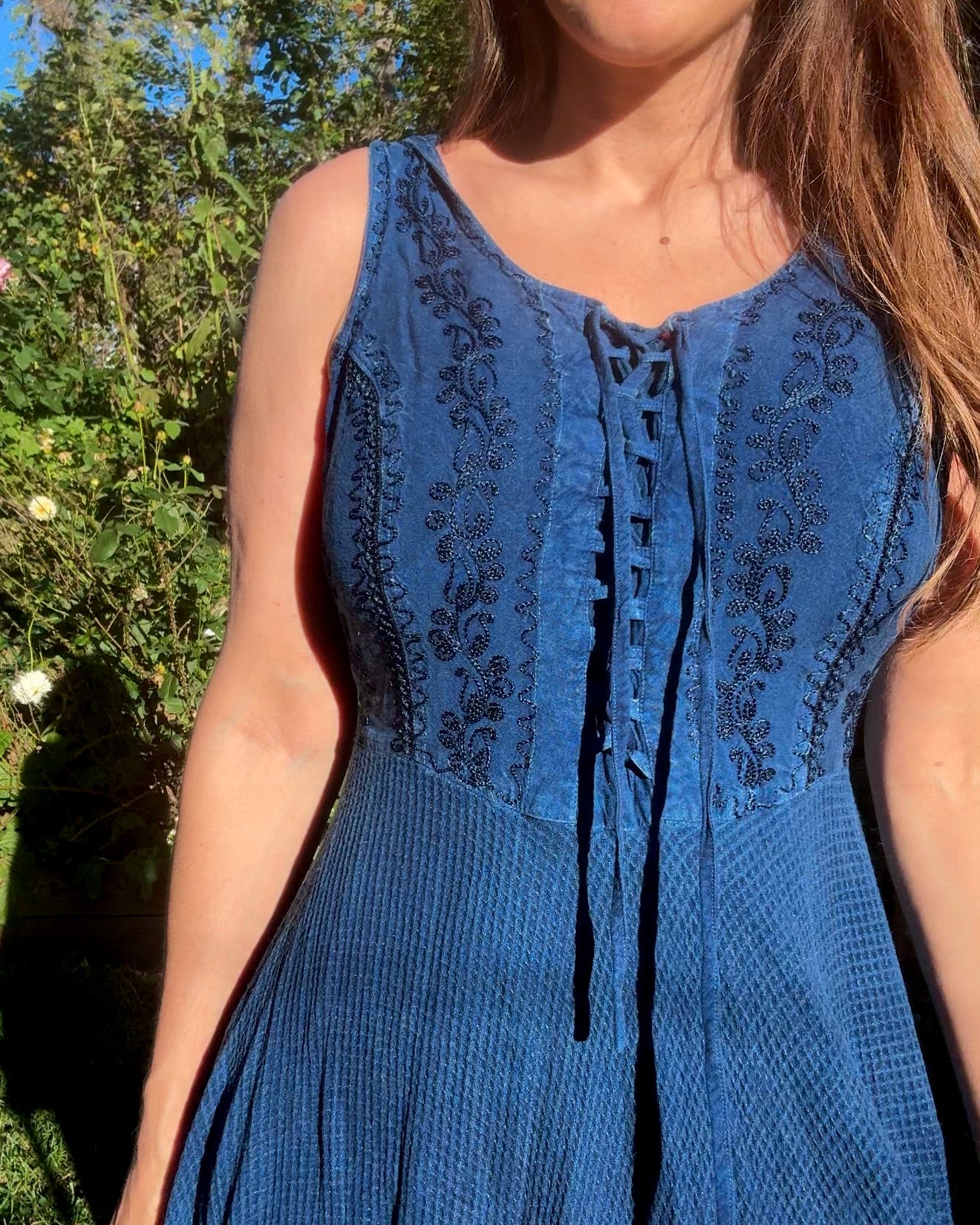 Deep Indigo Blue Boho Festival Embroidered Swing Dress Lace Up
