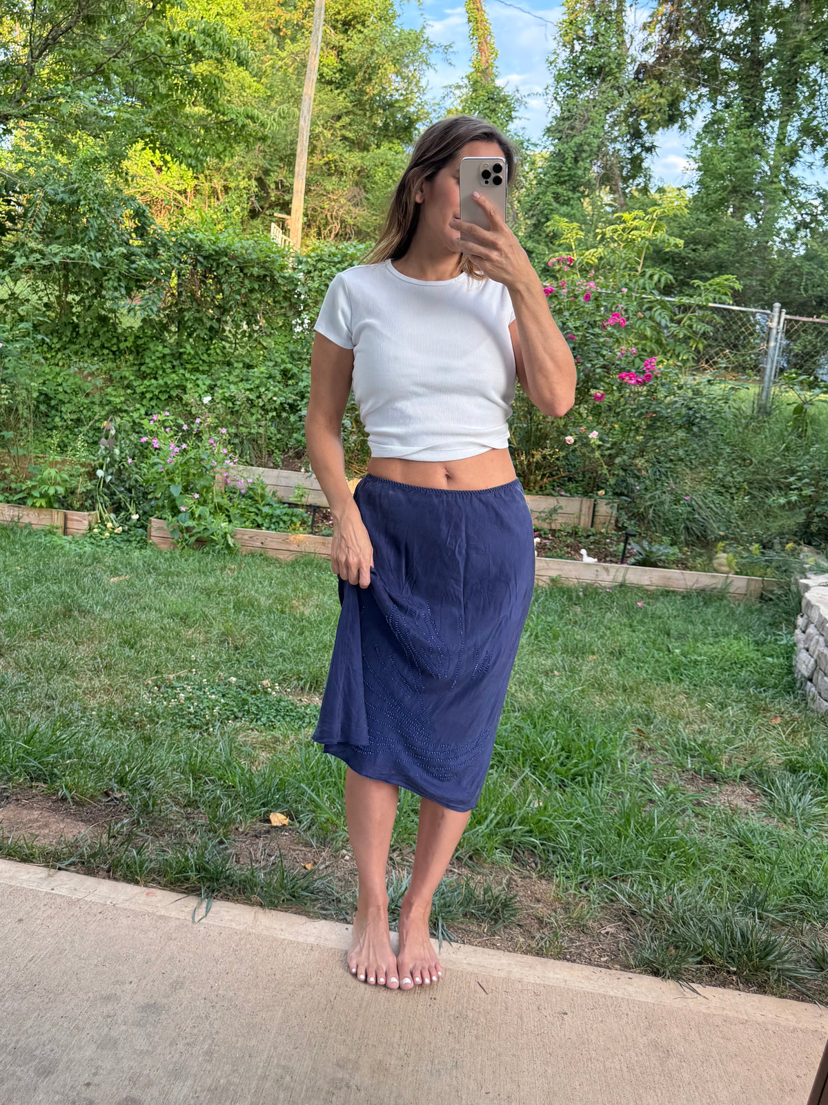 Navy Silk Beaded Bias Midi Skirt