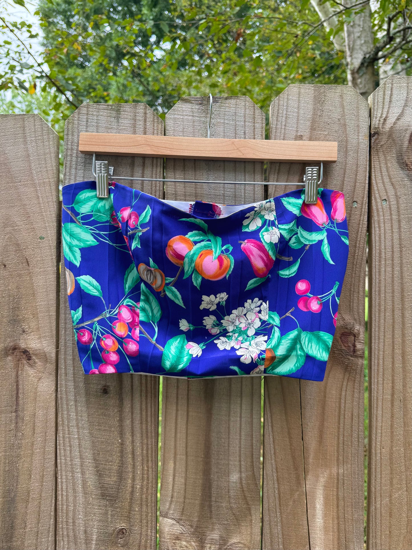 Original Fruit Print Two-Piece Set – Button-Back Top & Pleated Skirt