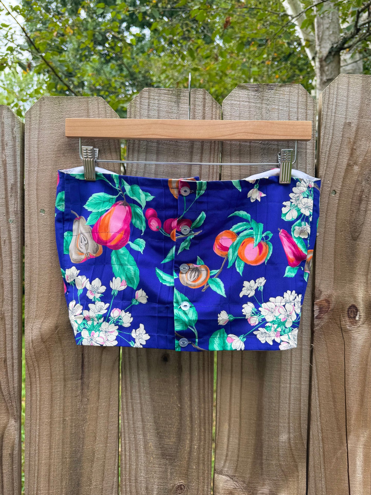 Original Fruit Print Two-Piece Set – Button-Back Top & Pleated Skirt