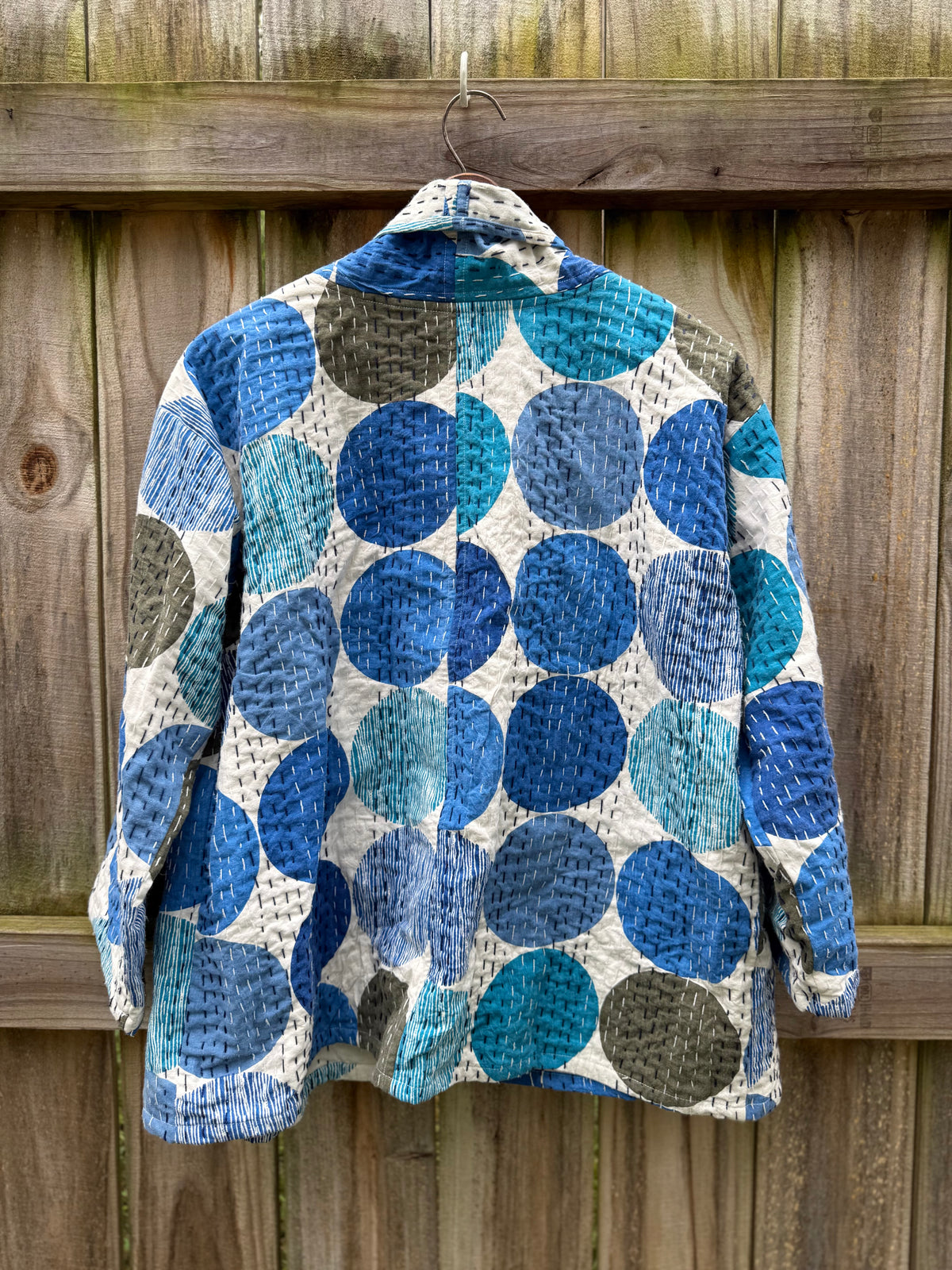 Vintage Kantha Jacket Blue Circle Print Quilted Cotton Kimono L