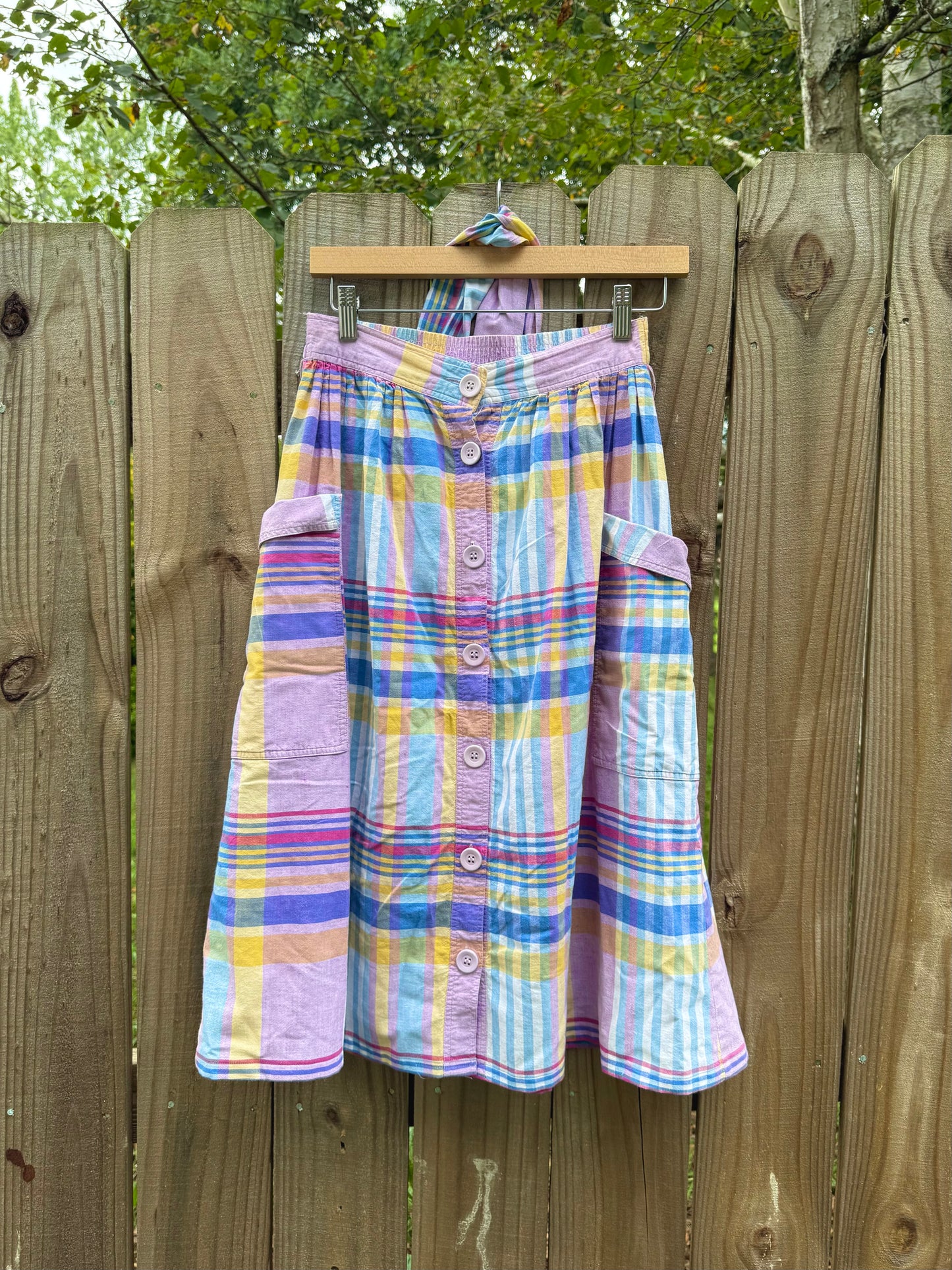 Vintage Pastel Plaid Cotton Skirt w/ Pockets