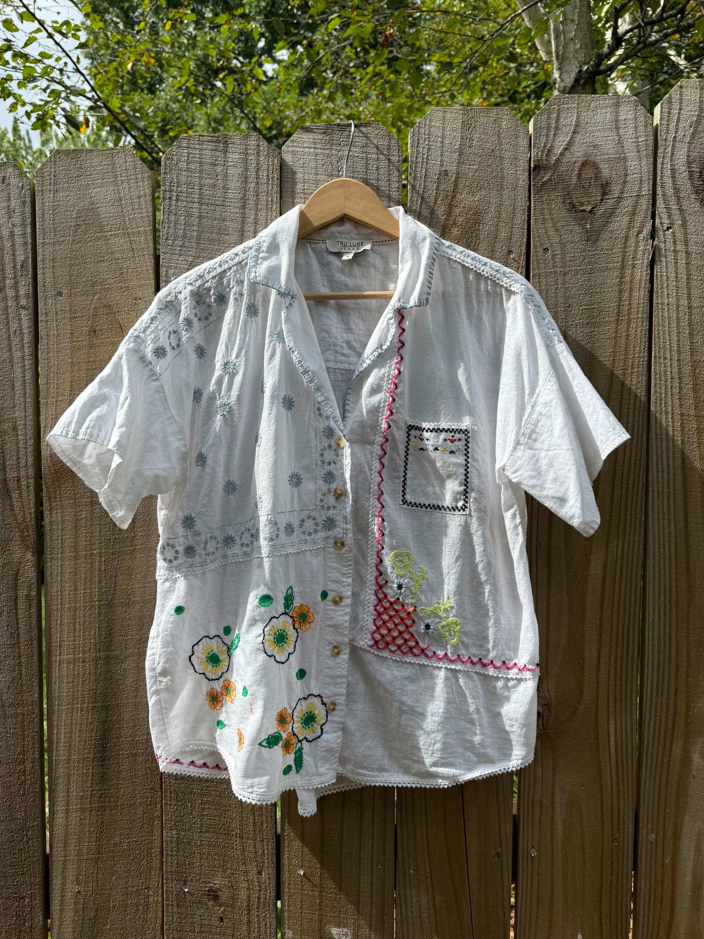 Embroidered Patchwork Embroidered Cotton Camp Shirt – White with Multicolor Florals