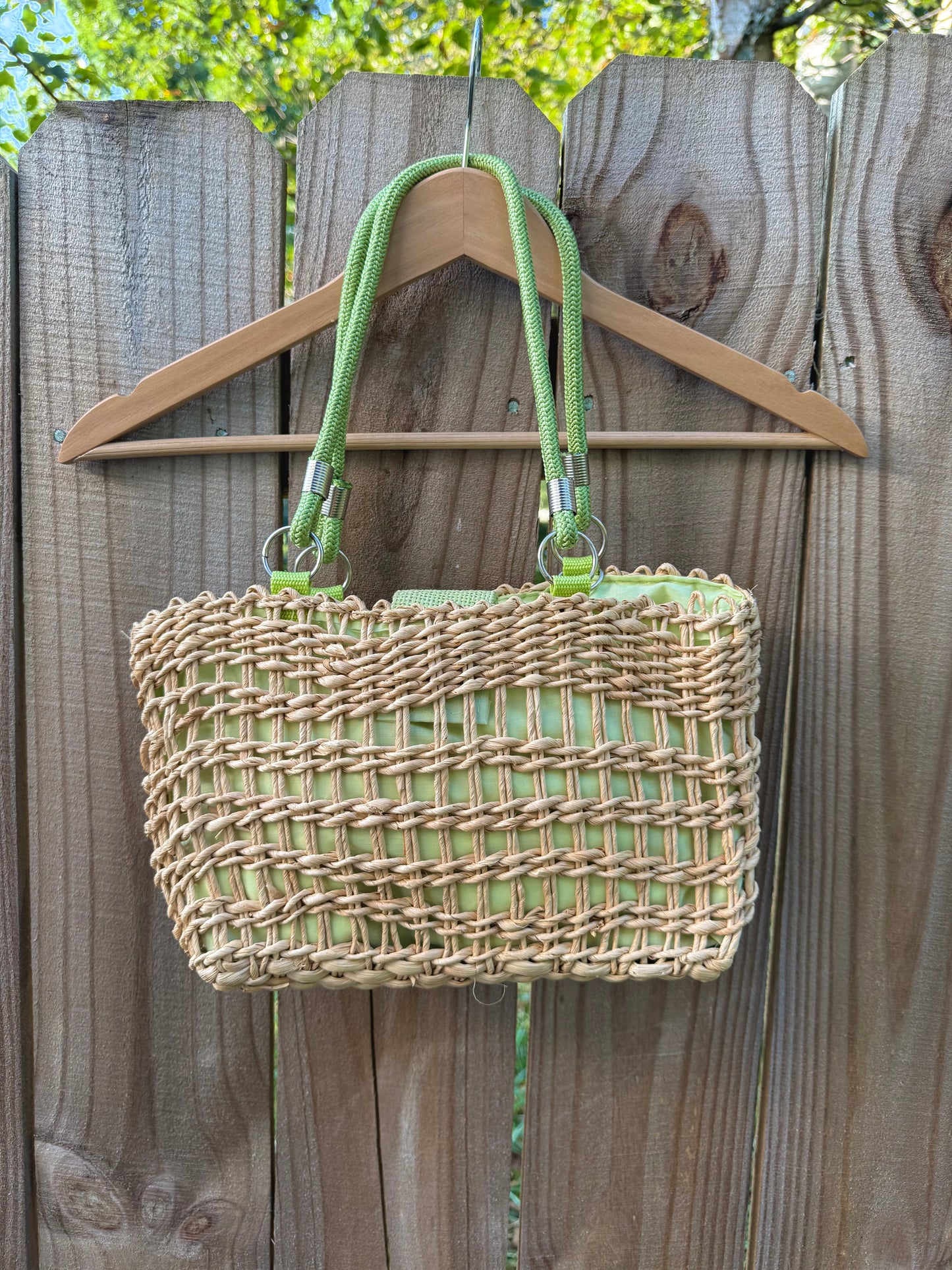 Woven Straw Tote Bag with Lime Green Lining & Card Holder