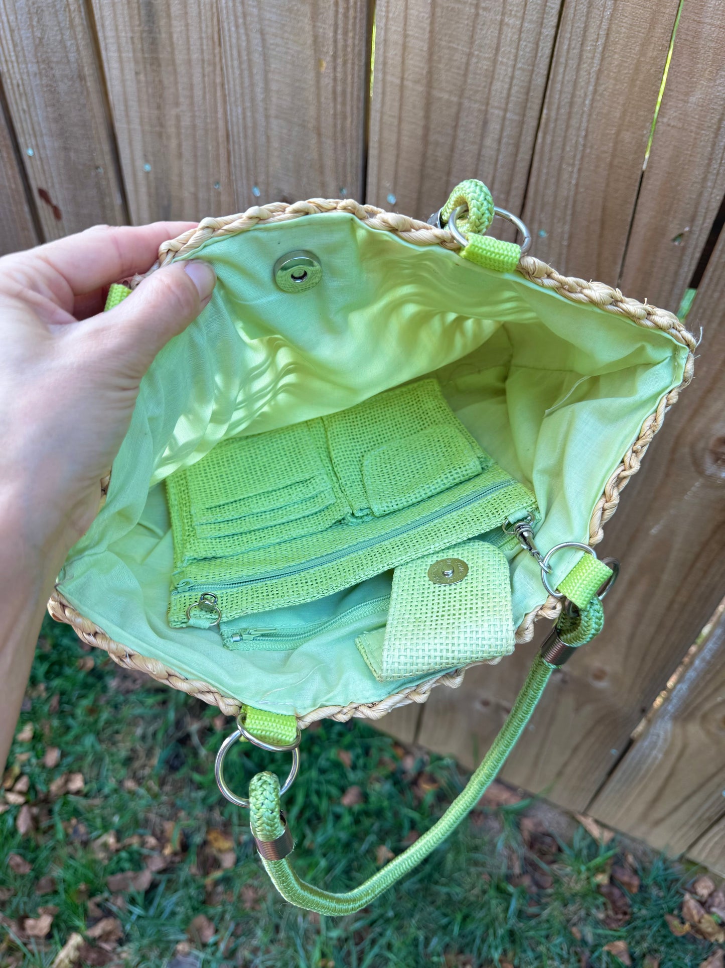 Woven Straw Tote Bag with Lime Green Lining & Card Holder