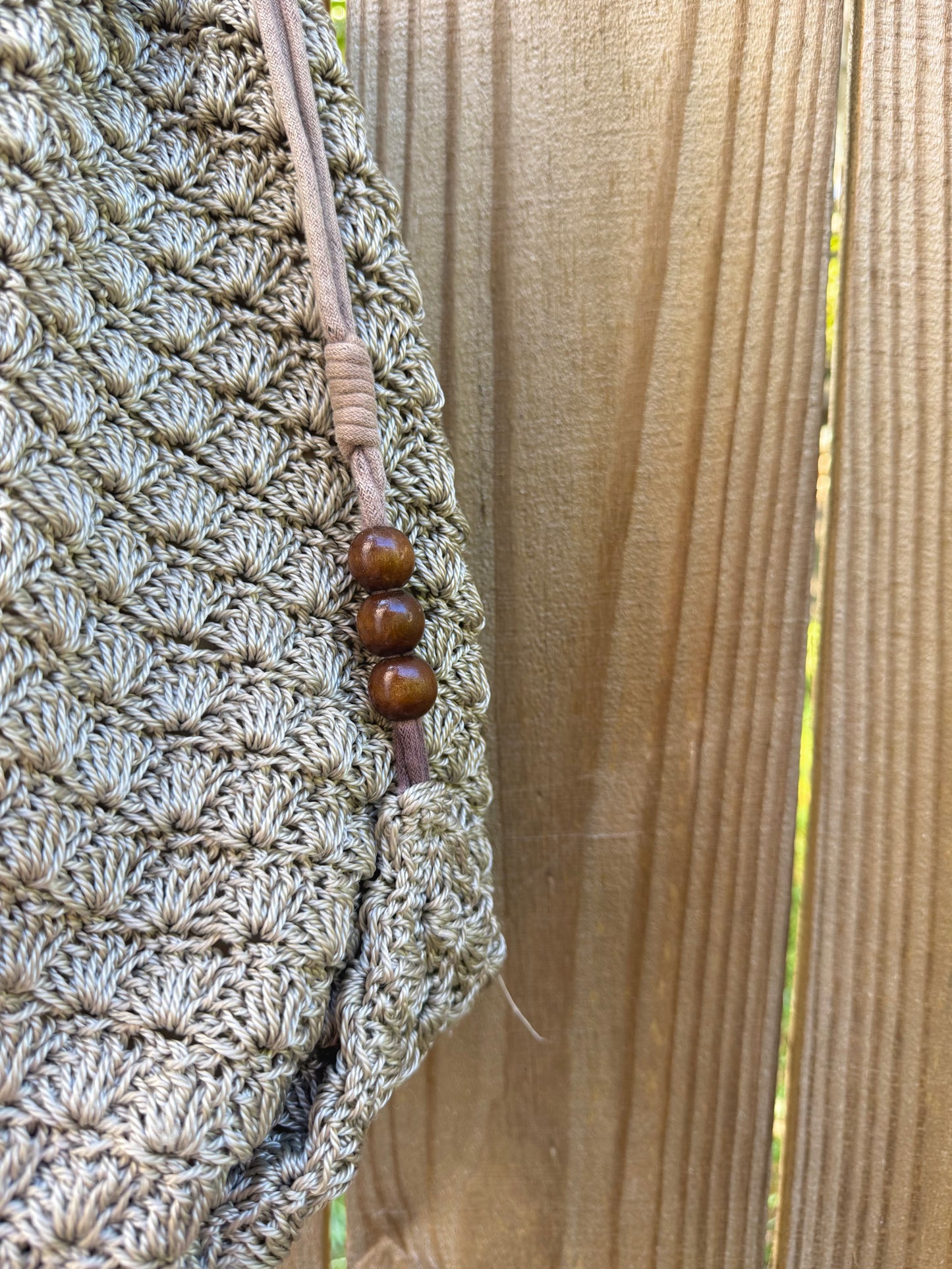 Neutral Crochet Drawstring Shoulder Bag with Wood Beads