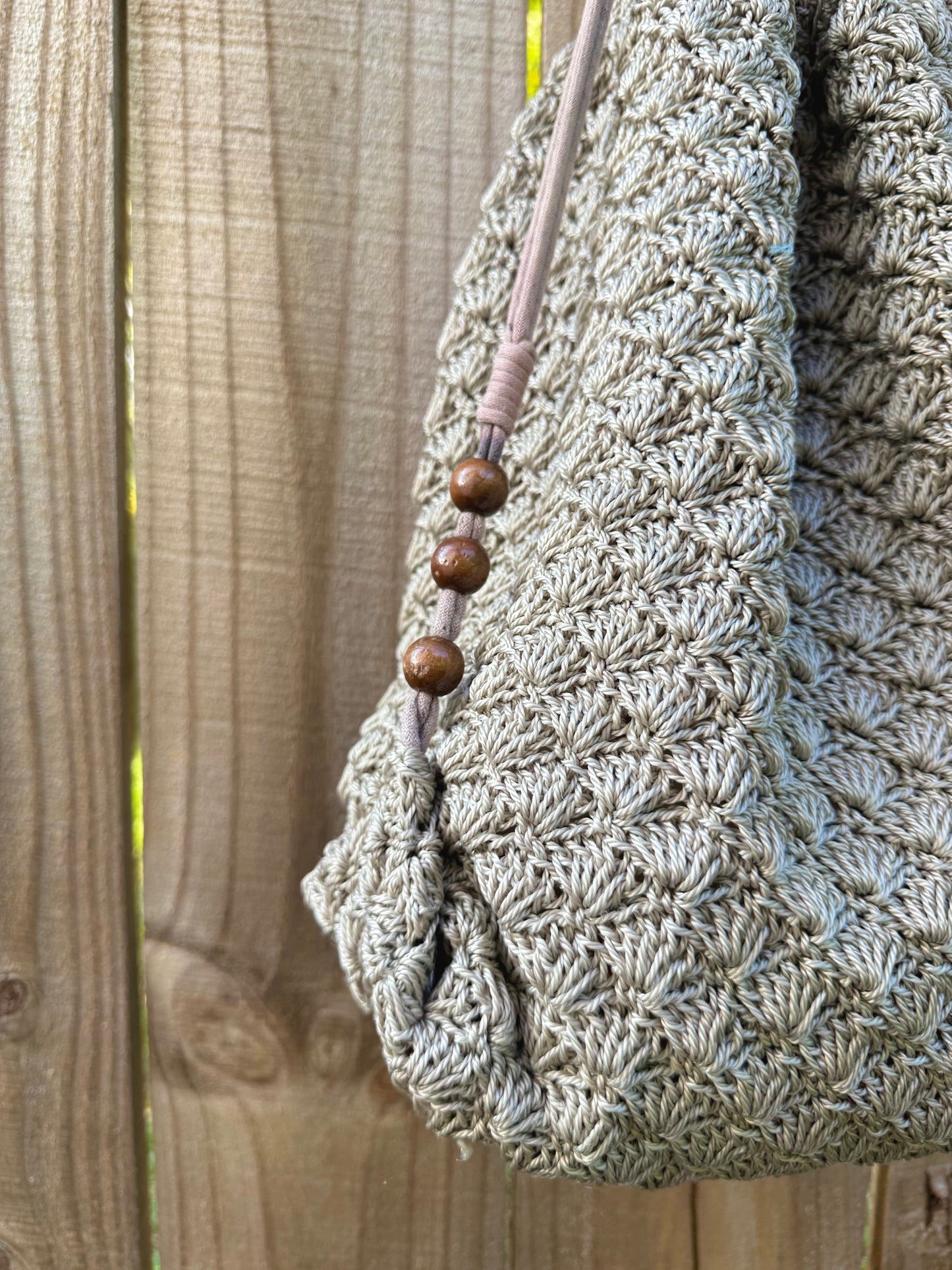 Neutral Crochet Drawstring Shoulder Bag with Wood Beads