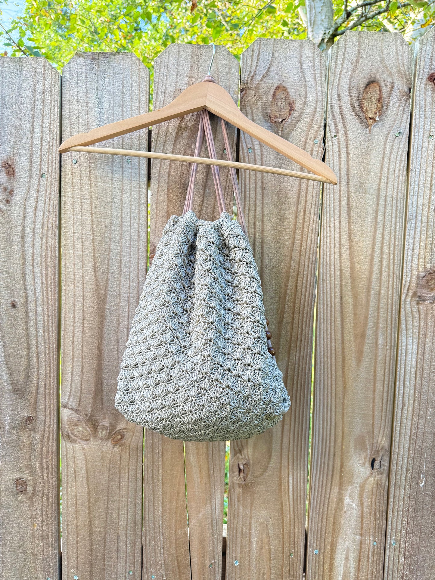 Neutral Crochet Drawstring Shoulder Bag with Wood Beads