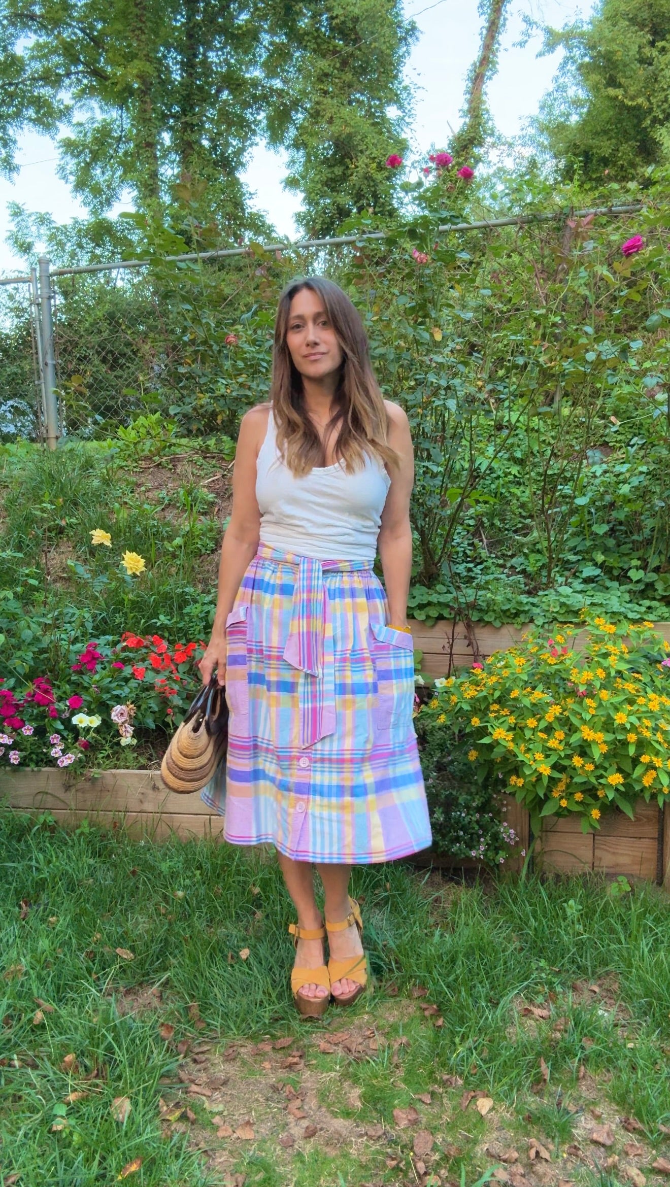 Vintage Pastel Plaid Cotton Skirt w/ Pockets