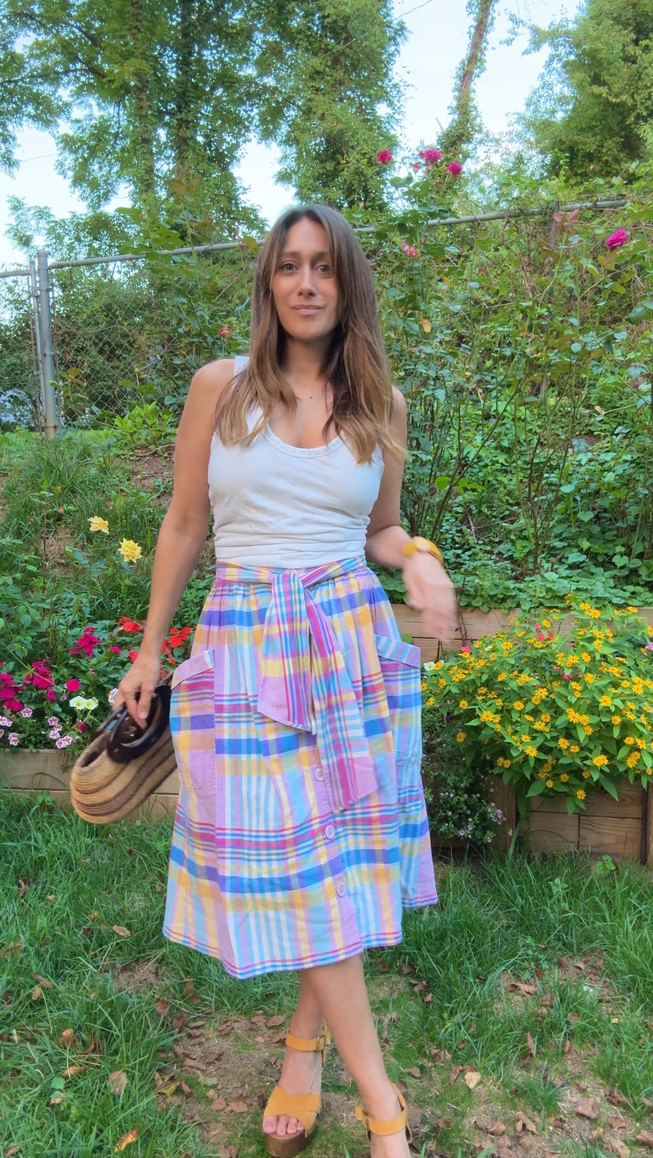 Vintage Pastel Plaid Cotton Skirt w/ Pockets