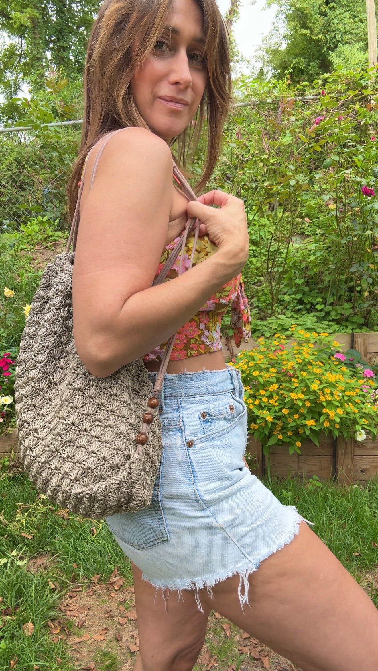 Neutral Crochet Drawstring Shoulder Bag with Wood Beads