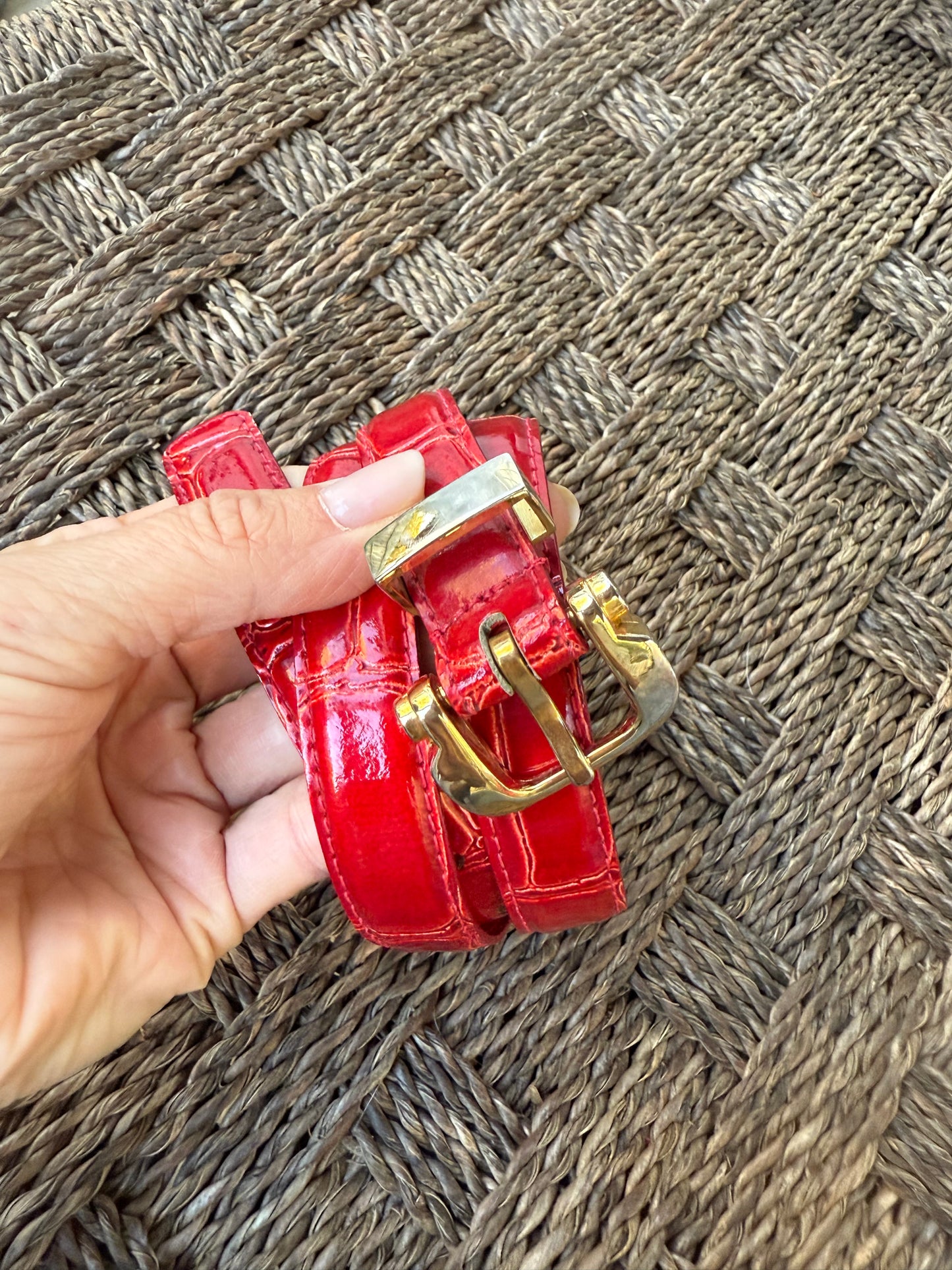 Vintage Red Croc-Embossed Skinny Belt (1990s Prada Pop Energy)