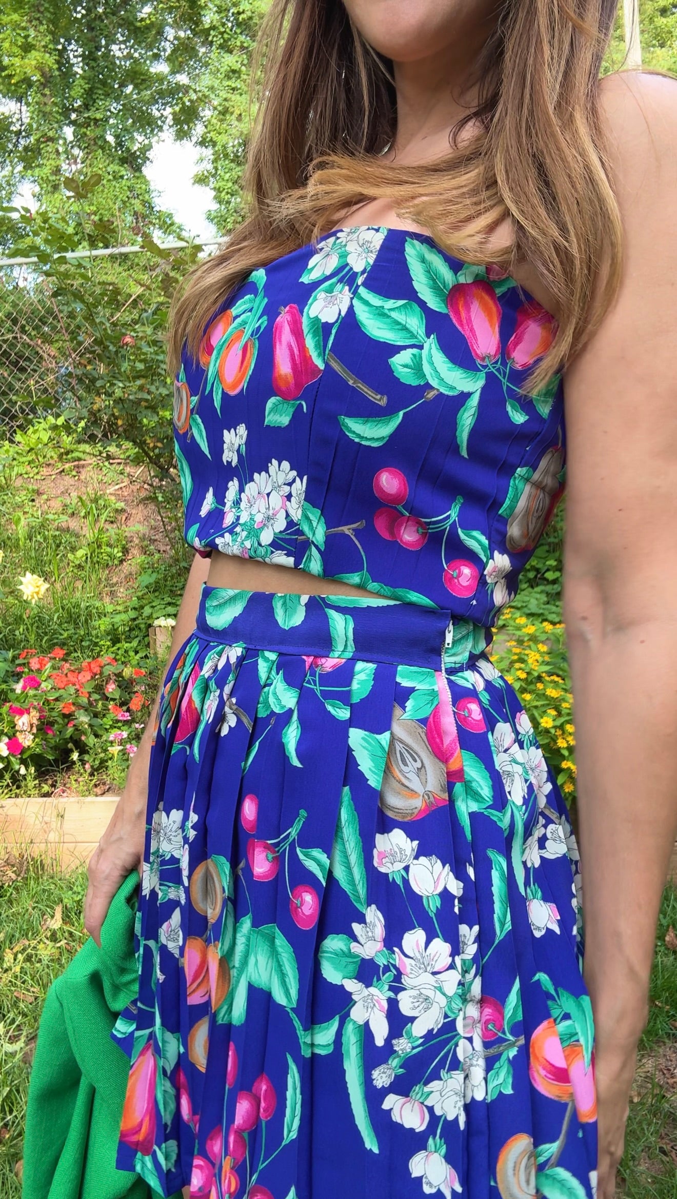 Original Fruit Print Two-Piece Set – Button-Back Top & Pleated Skirt