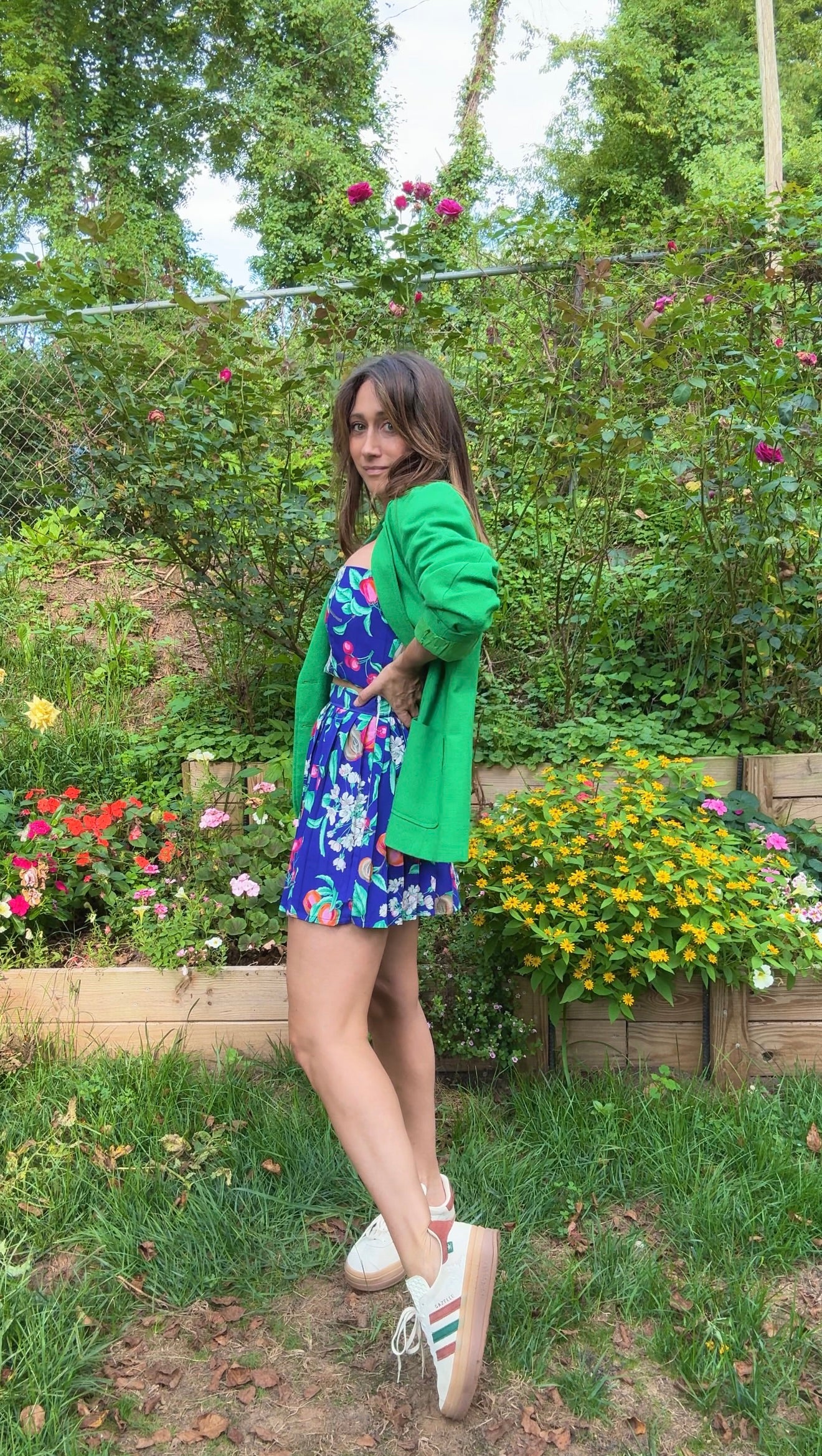 Original Fruit Print Two-Piece Set – Button-Back Top & Pleated Skirt