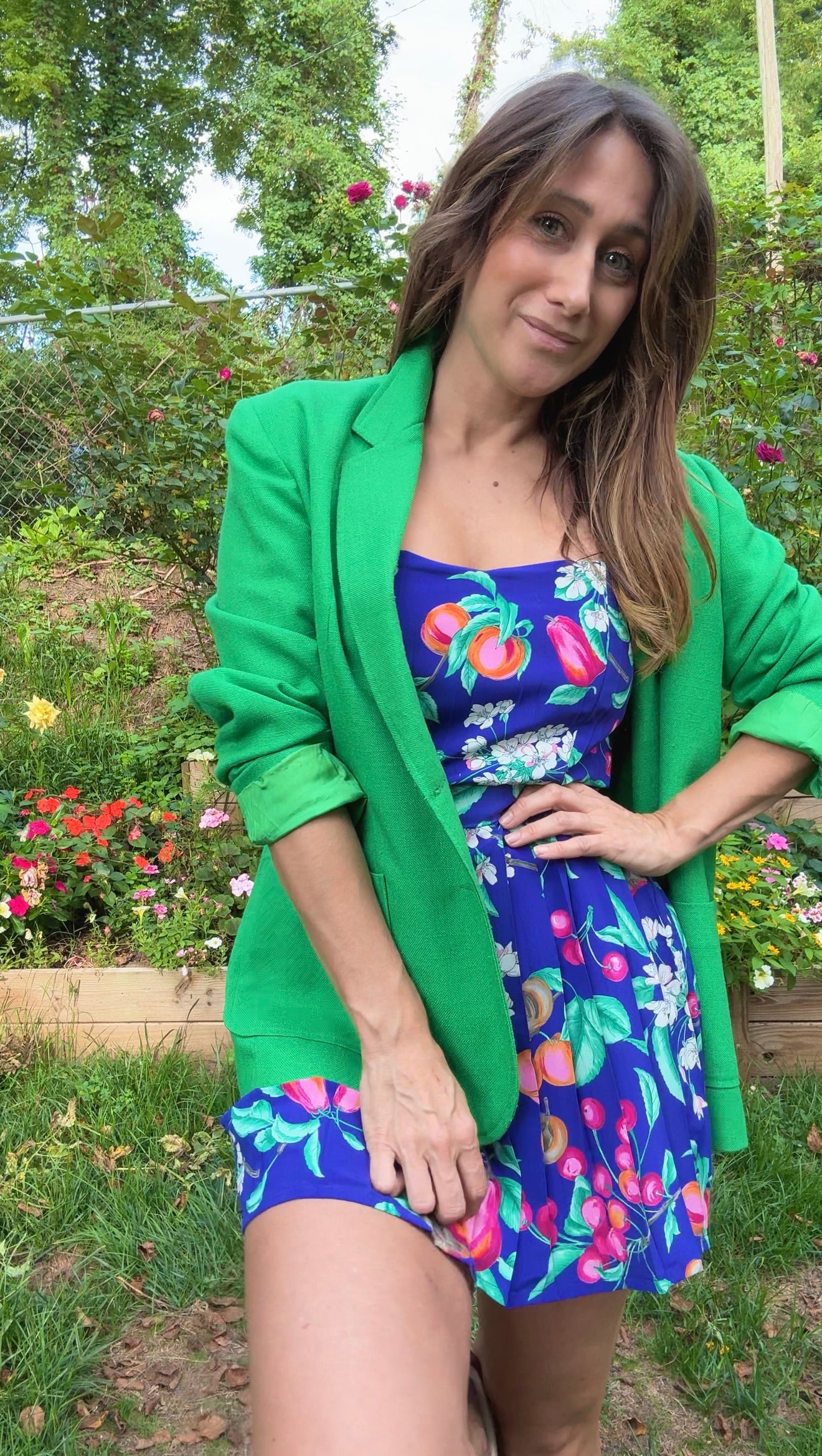 Original Fruit Print Two-Piece Set – Button-Back Top & Pleated Skirt