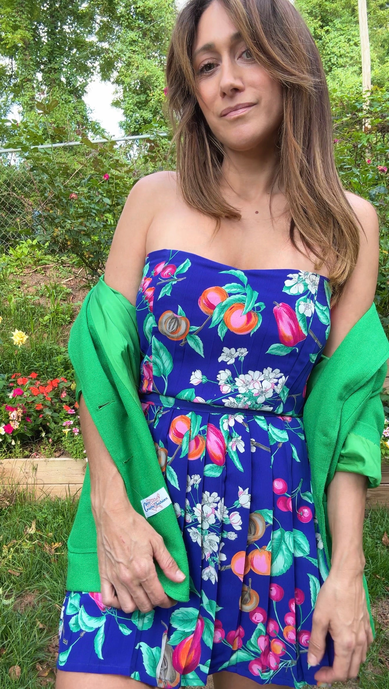 Original Fruit Print Two-Piece Set – Button-Back Top & Pleated Skirt