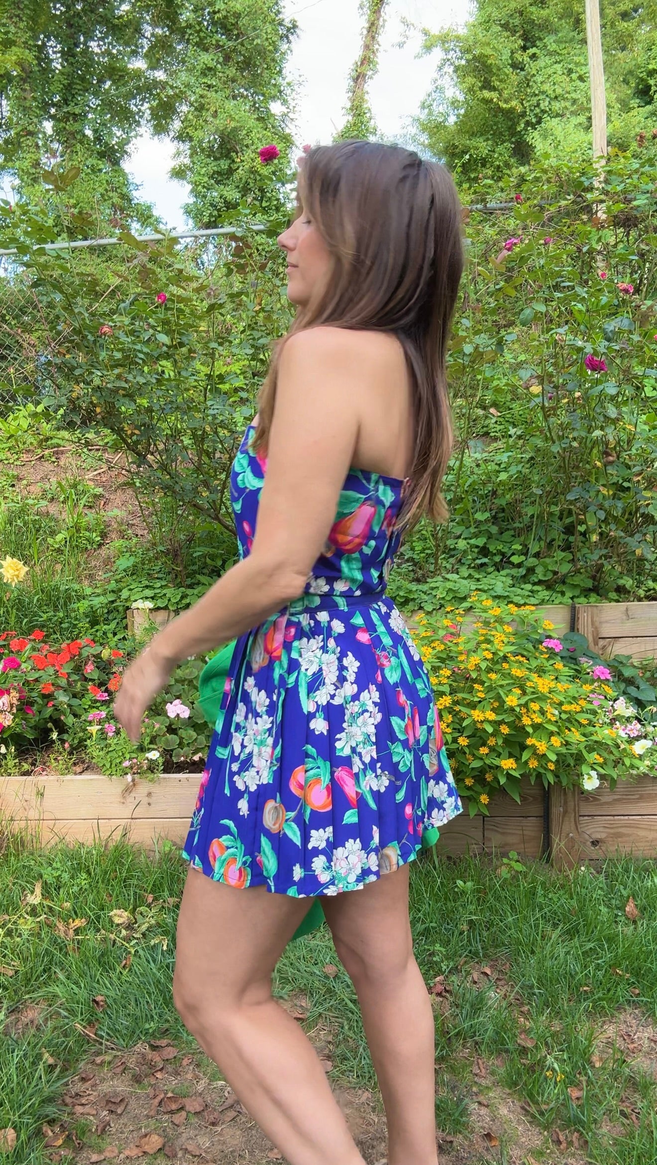 Original Fruit Print Two-Piece Set – Button-Back Top & Pleated Skirt