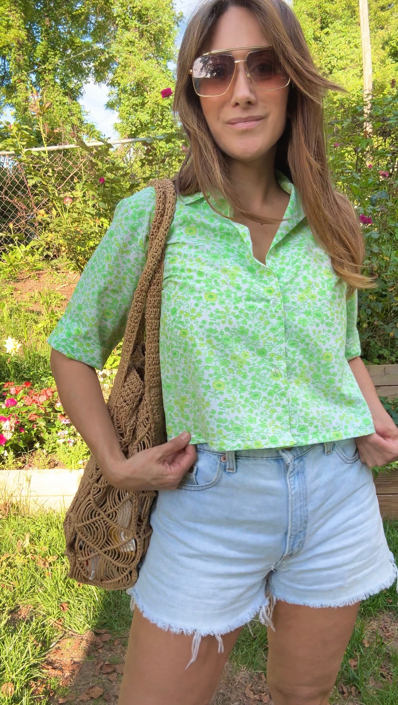 Cropped Cotton Button-Up in Citrus Bloom