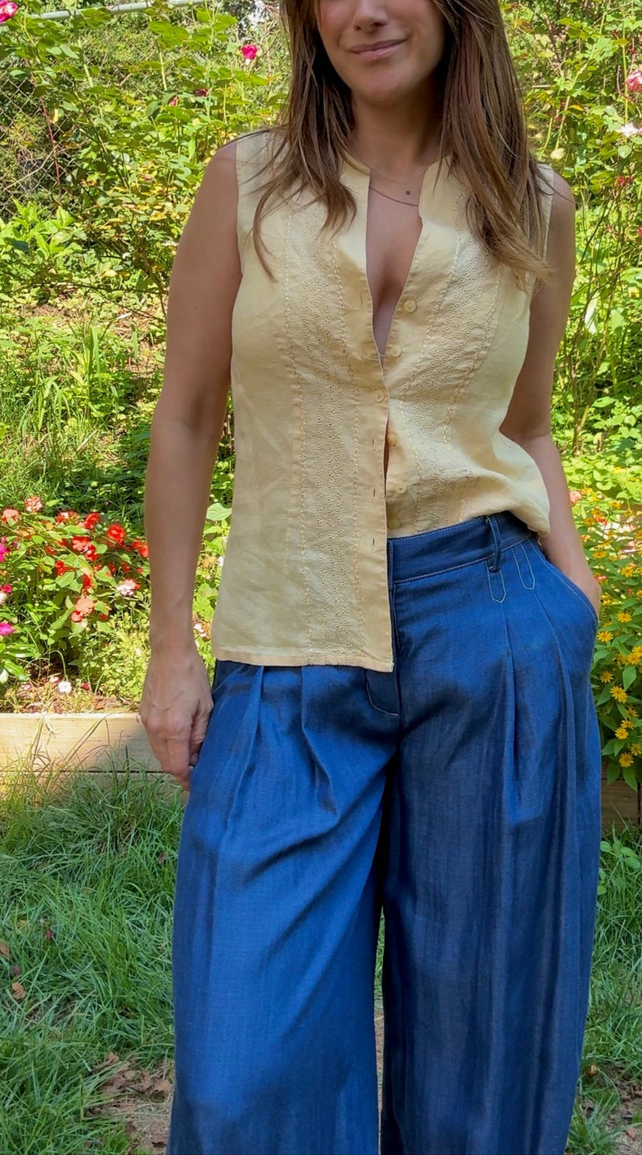 Linen-Blend Pin-Tucked Button Top – Solstice Last Light