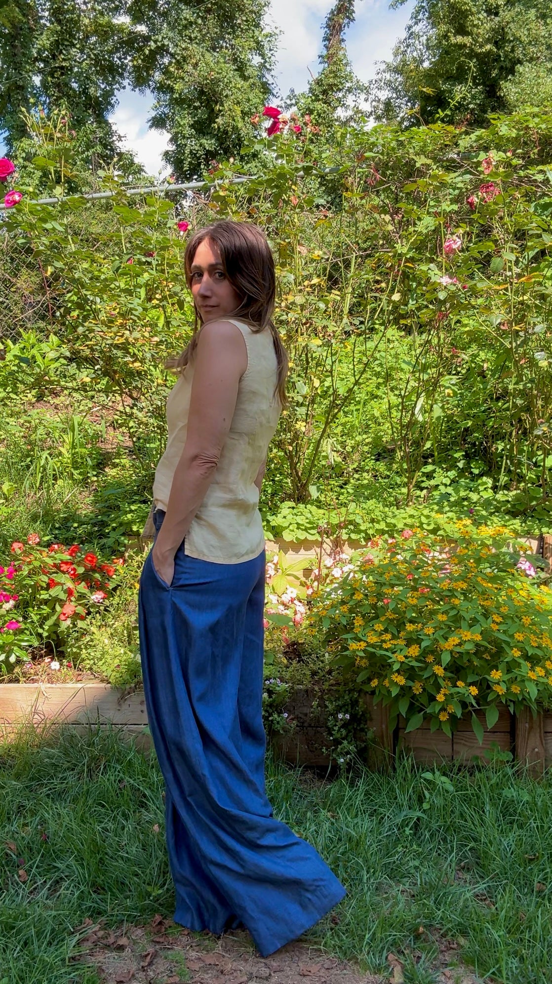 Linen-Blend Pin-Tucked Button Top – Solstice Last Light