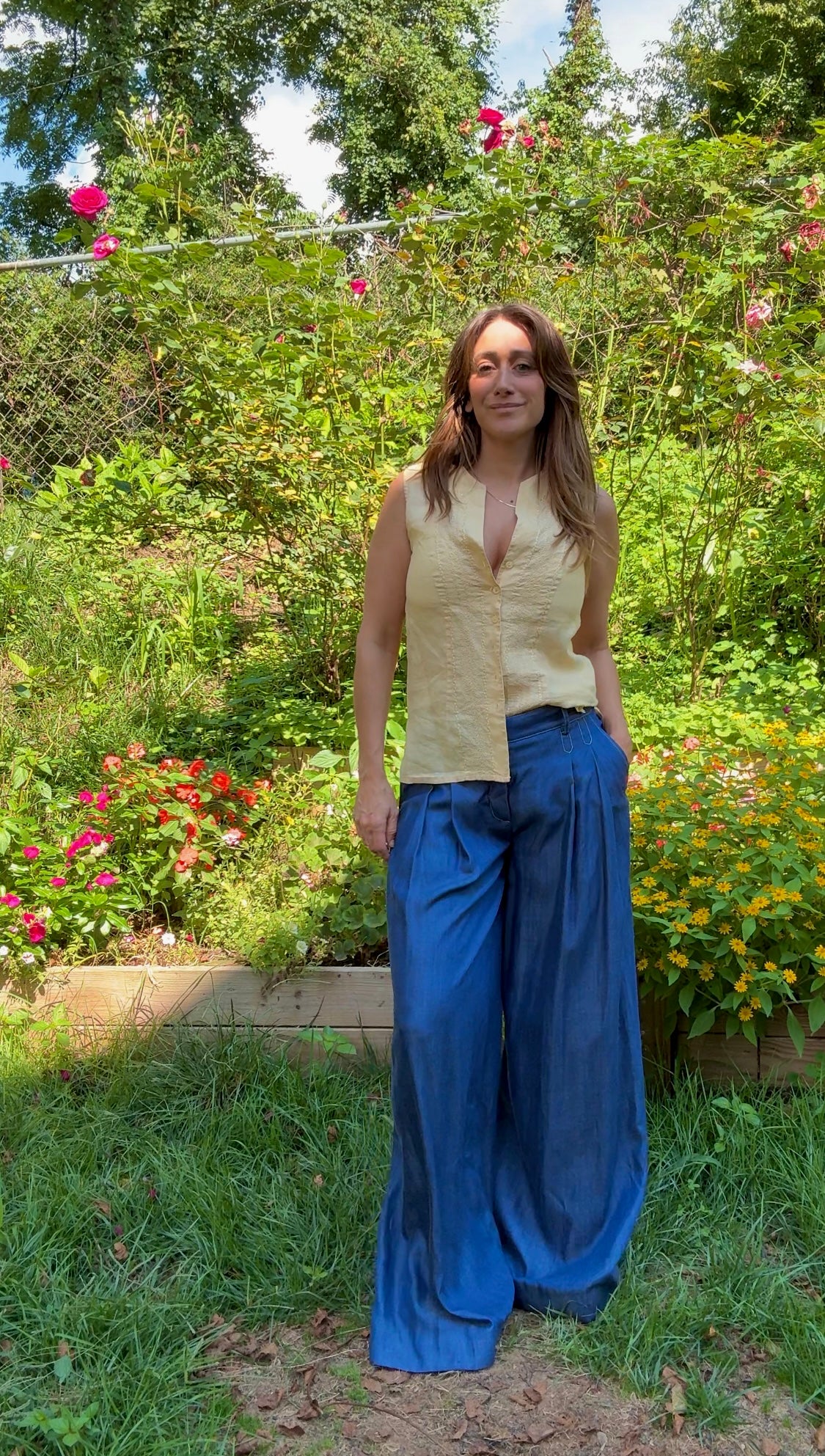 Linen-Blend Pin-Tucked Button Top – Solstice Last Light