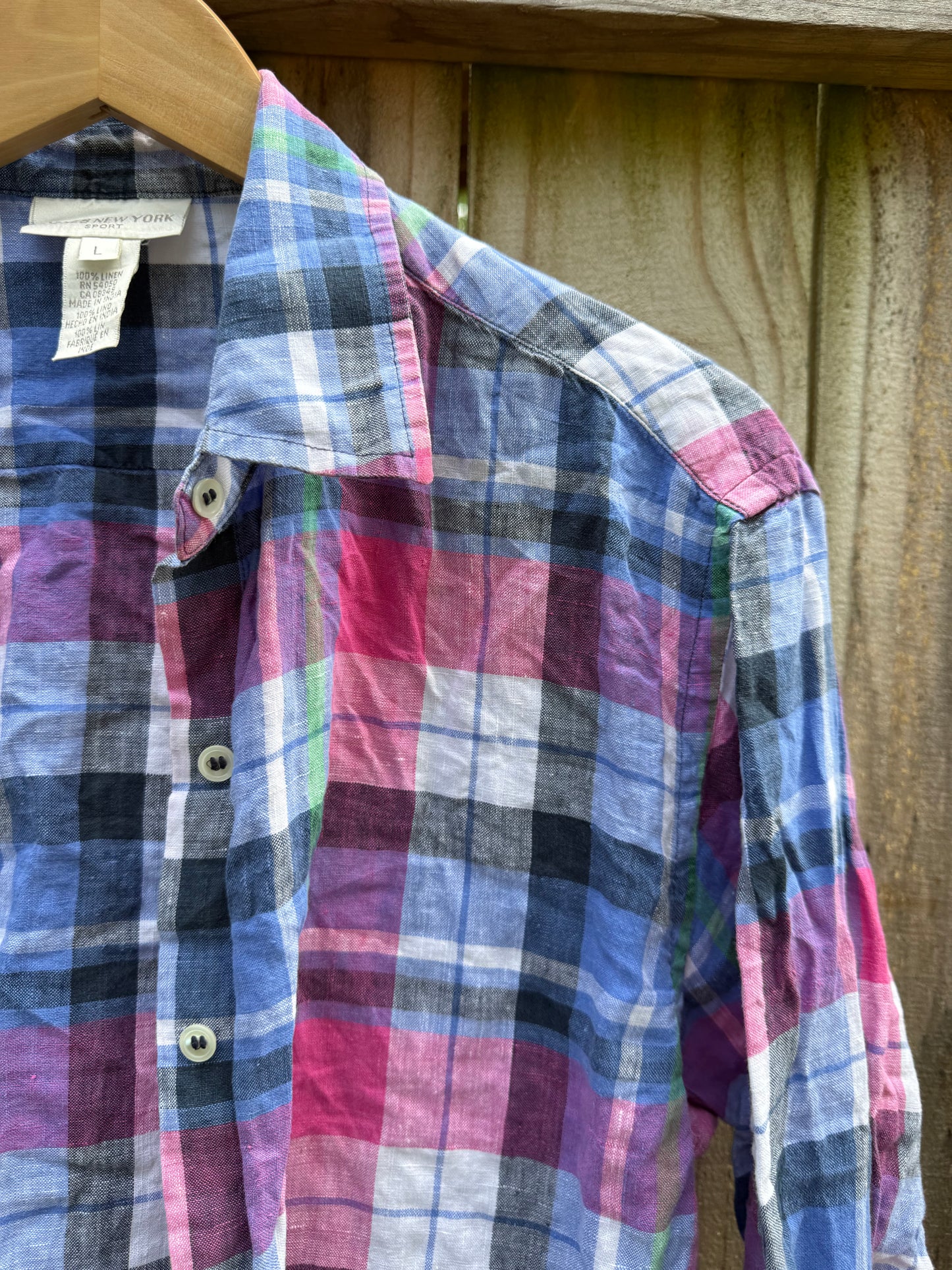Jones New York Sport Linen Plaid Button Down | Pink & Blue | L