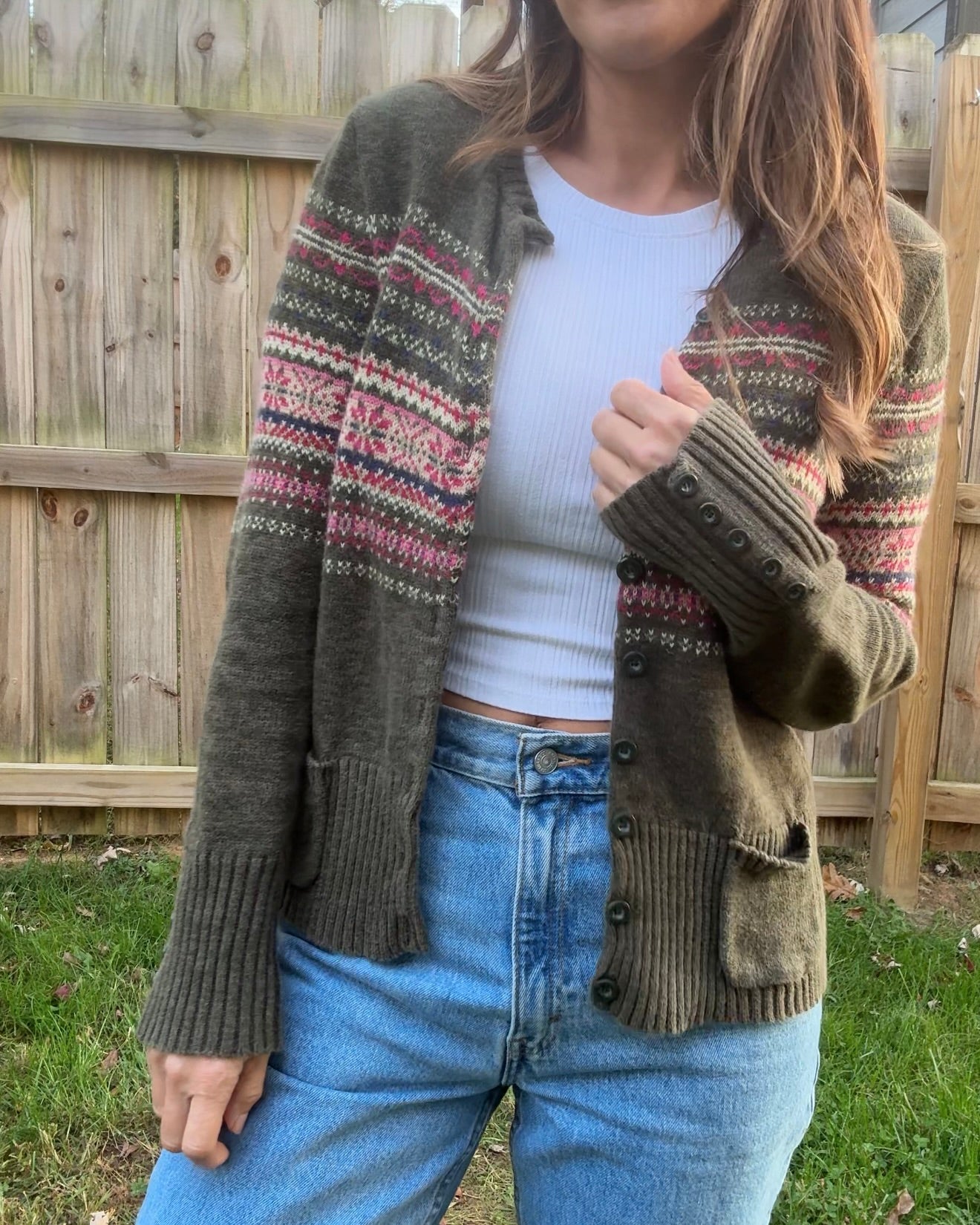 Vintage Tiara International Fair Isle Cardigan - Olive Green 90s Sweater