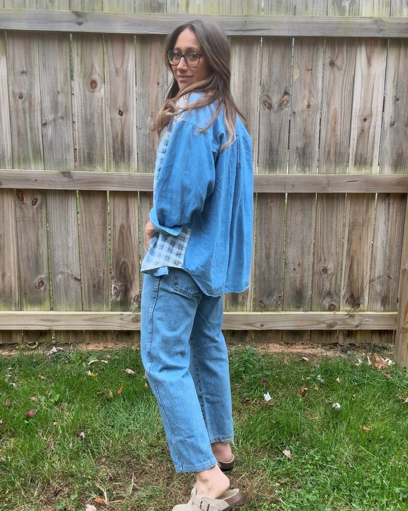 Vintage Patchwork Denim Button Up Floral & Plaid Chambray Shirt