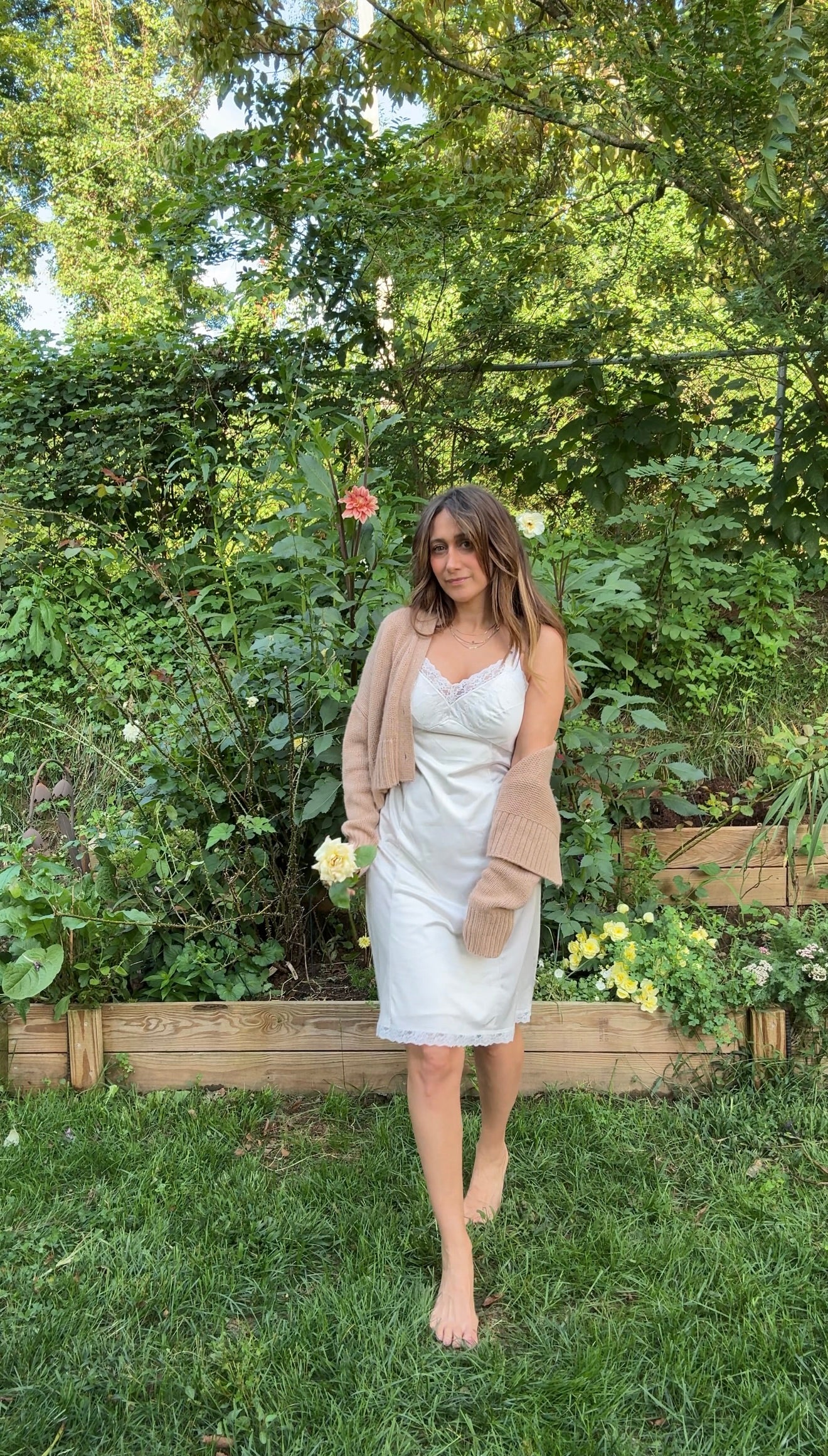 VINTAGE SATIN LACE TRIM SLIP DRESS — IVORY