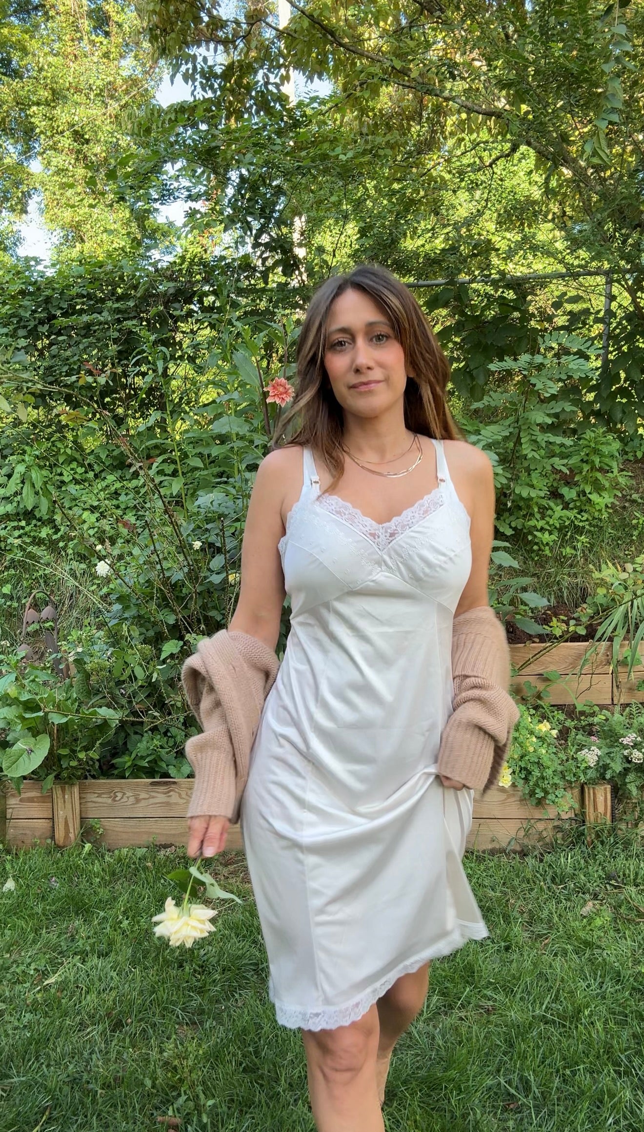 VINTAGE SATIN LACE TRIM SLIP DRESS — IVORY
