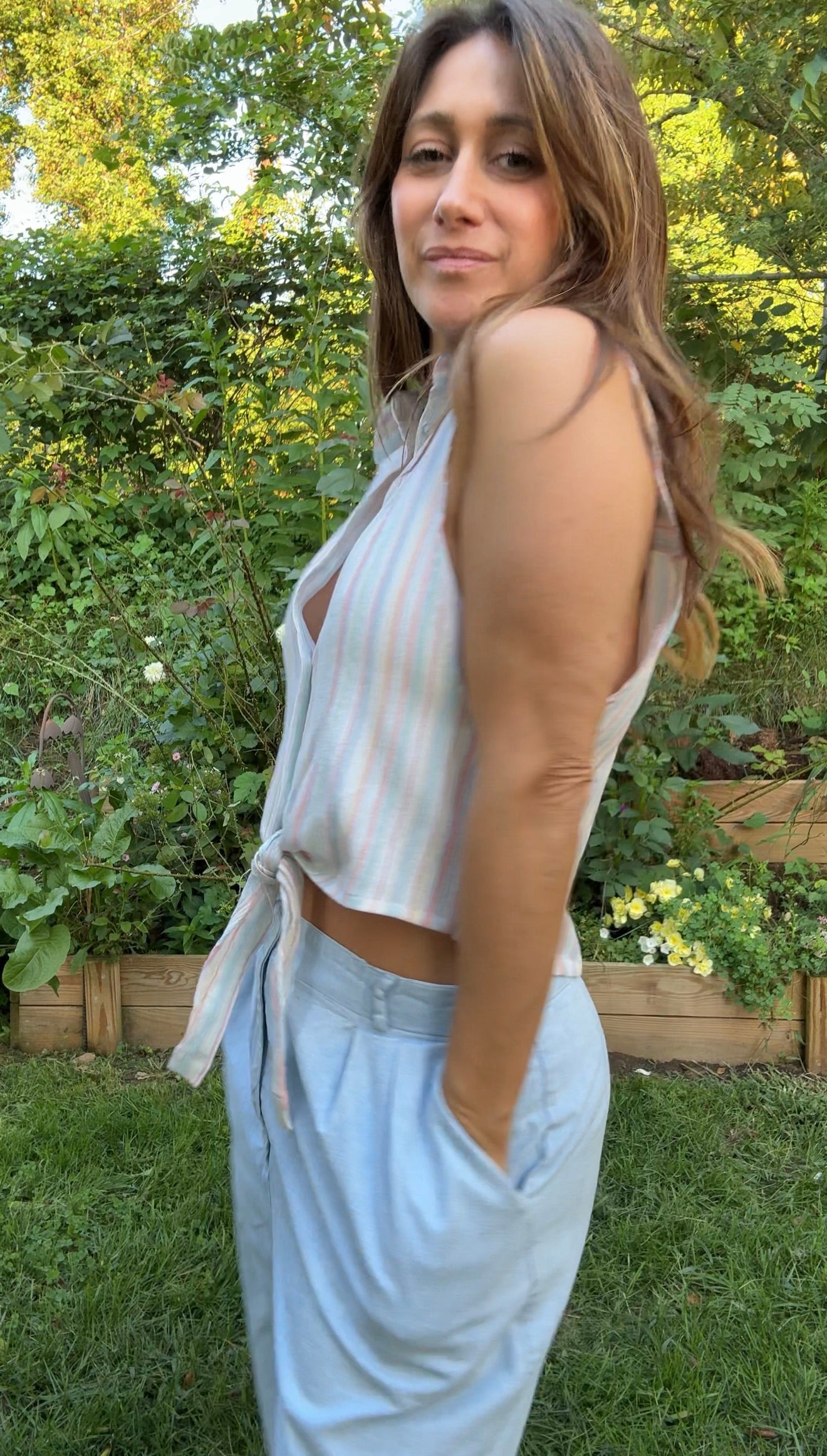 Sunday Honey Original Design — Striped Sleeveless Button-Down