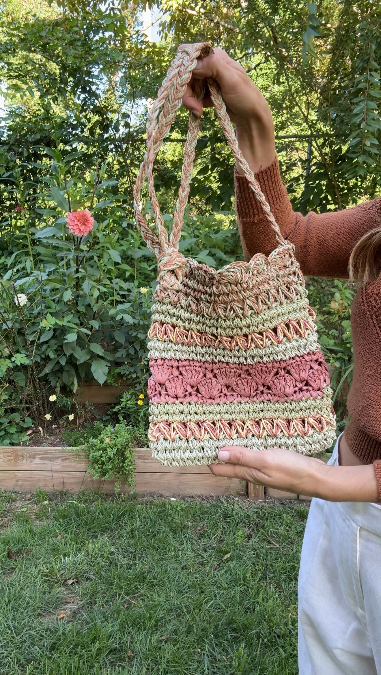 Striped Raffia Crochet Shoulder Bag