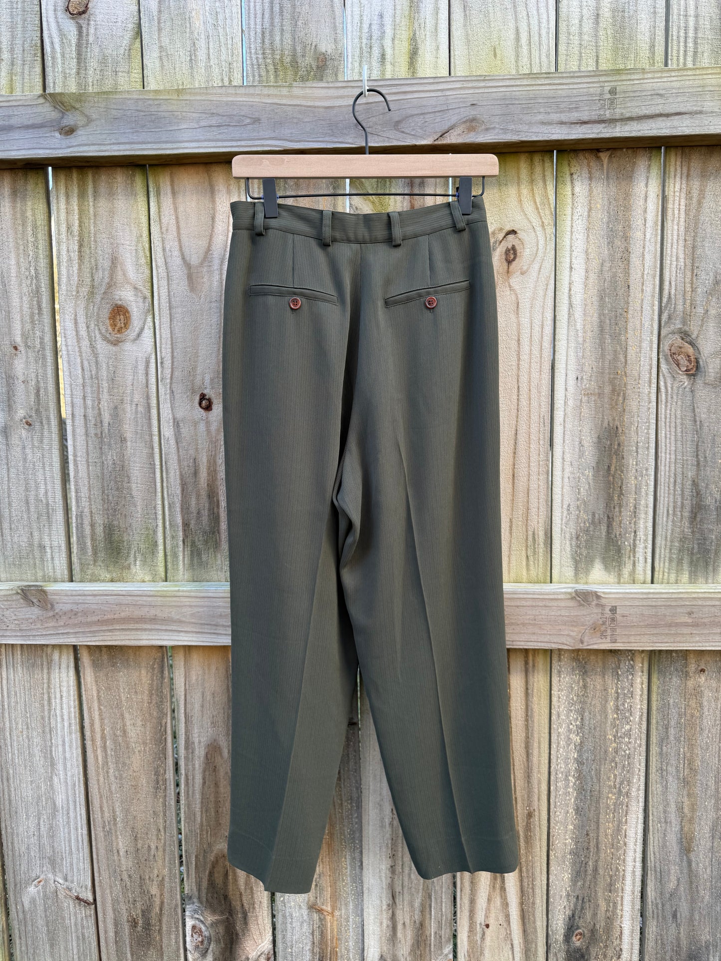 Vintage Olive Ribbed Tailored Trouser Pant High Waist Straight Leg