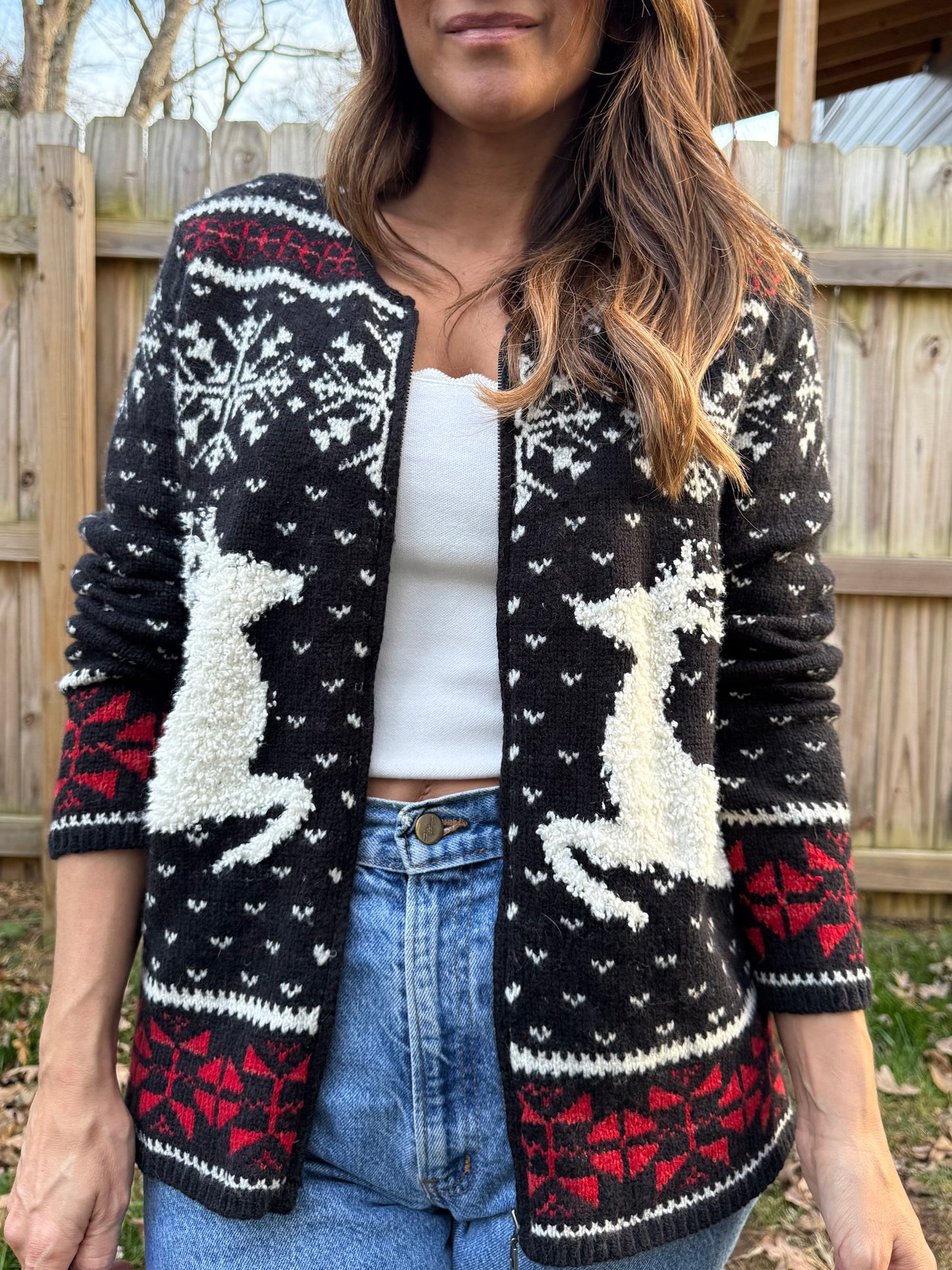 Vintage J.Jill Alpine Reindeer Cardigan Christmas Holiday Sweater