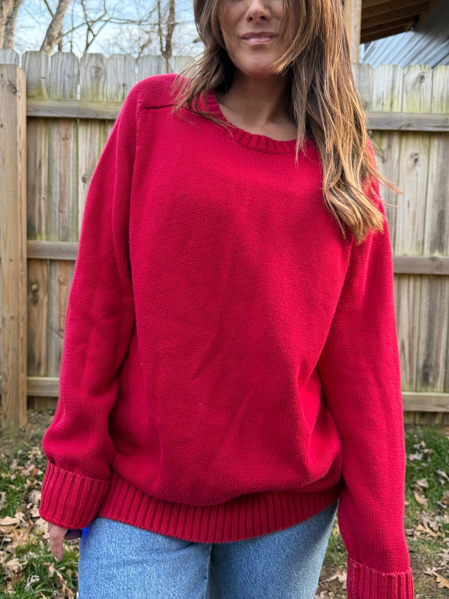 Vintage Lands’ End Red Crew Knit Sweater (Oversized Fit)